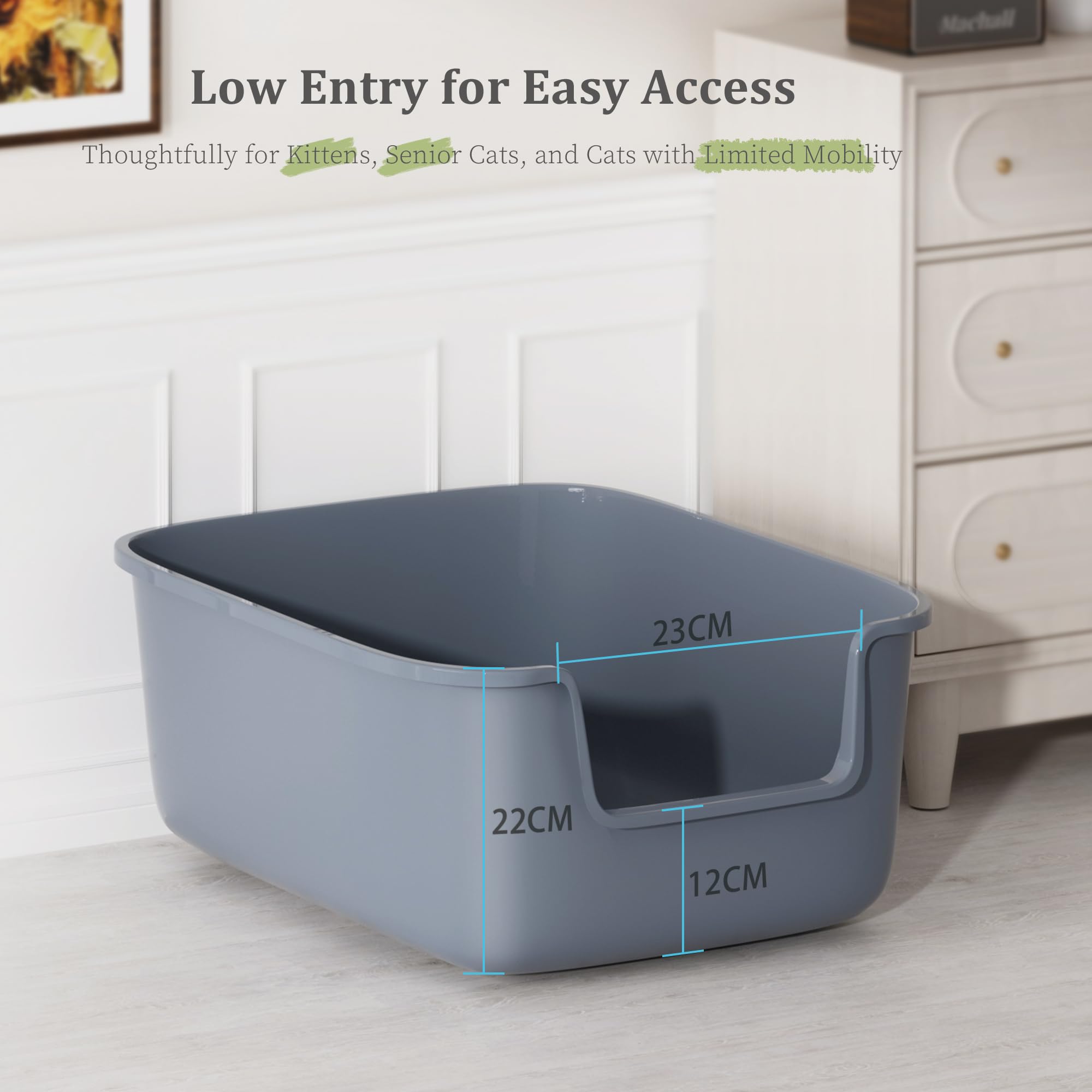 Vealind litter box side view highlights high side entry and containment