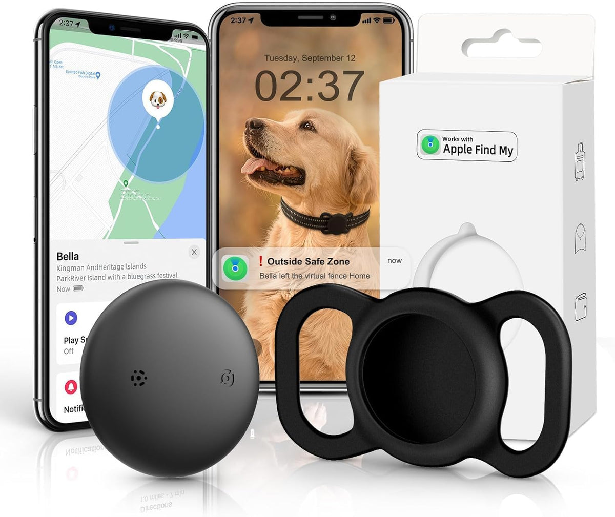 Vebiso dog tracker on collar provides real-time location via Find My on iOS.