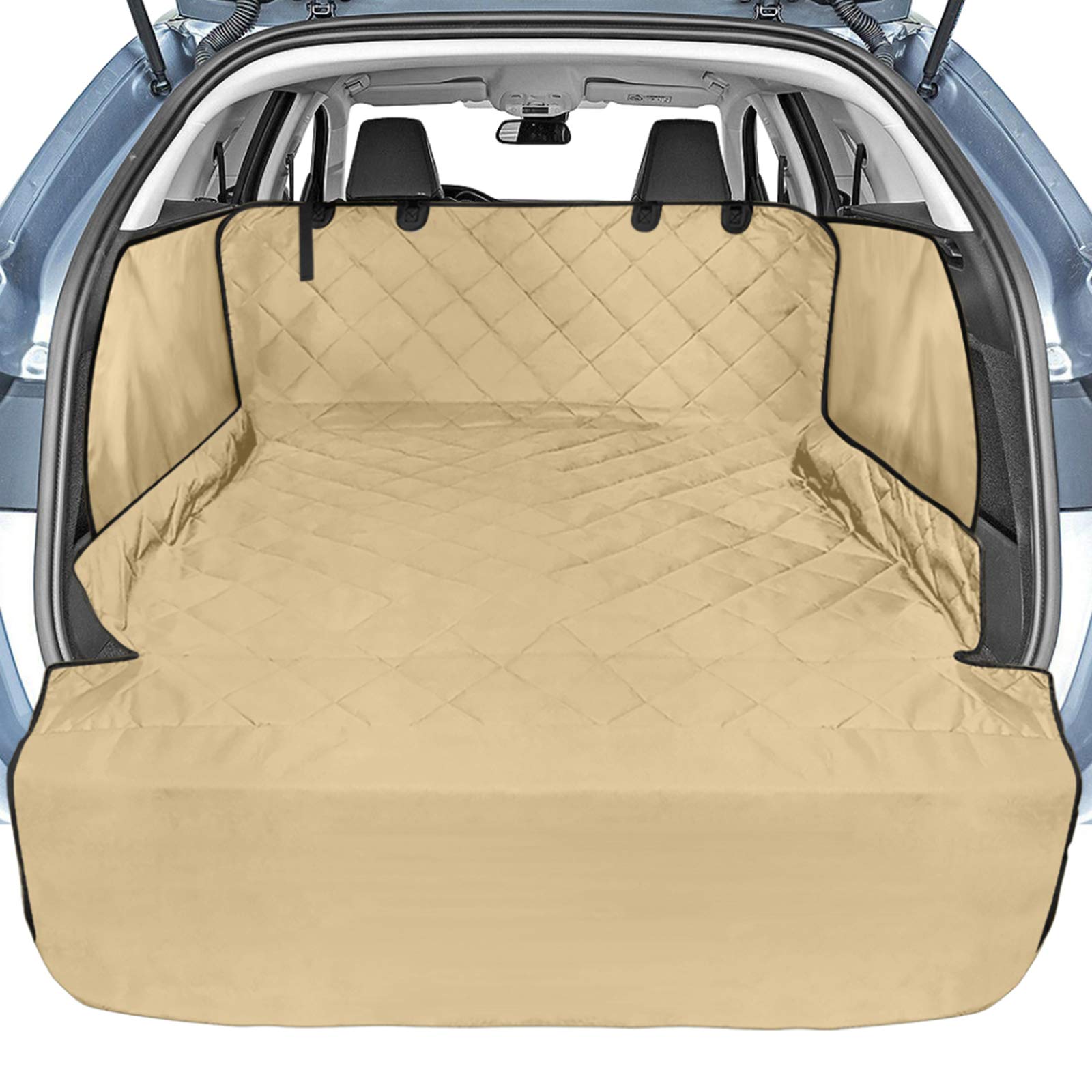 Veckle SUV cargo liner with side flaps protects wheel wells and fur.