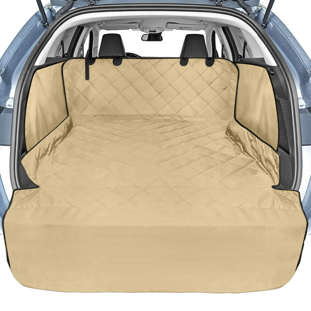 Veckle SUV cargo liner with side flaps protects wheel wells and fur.