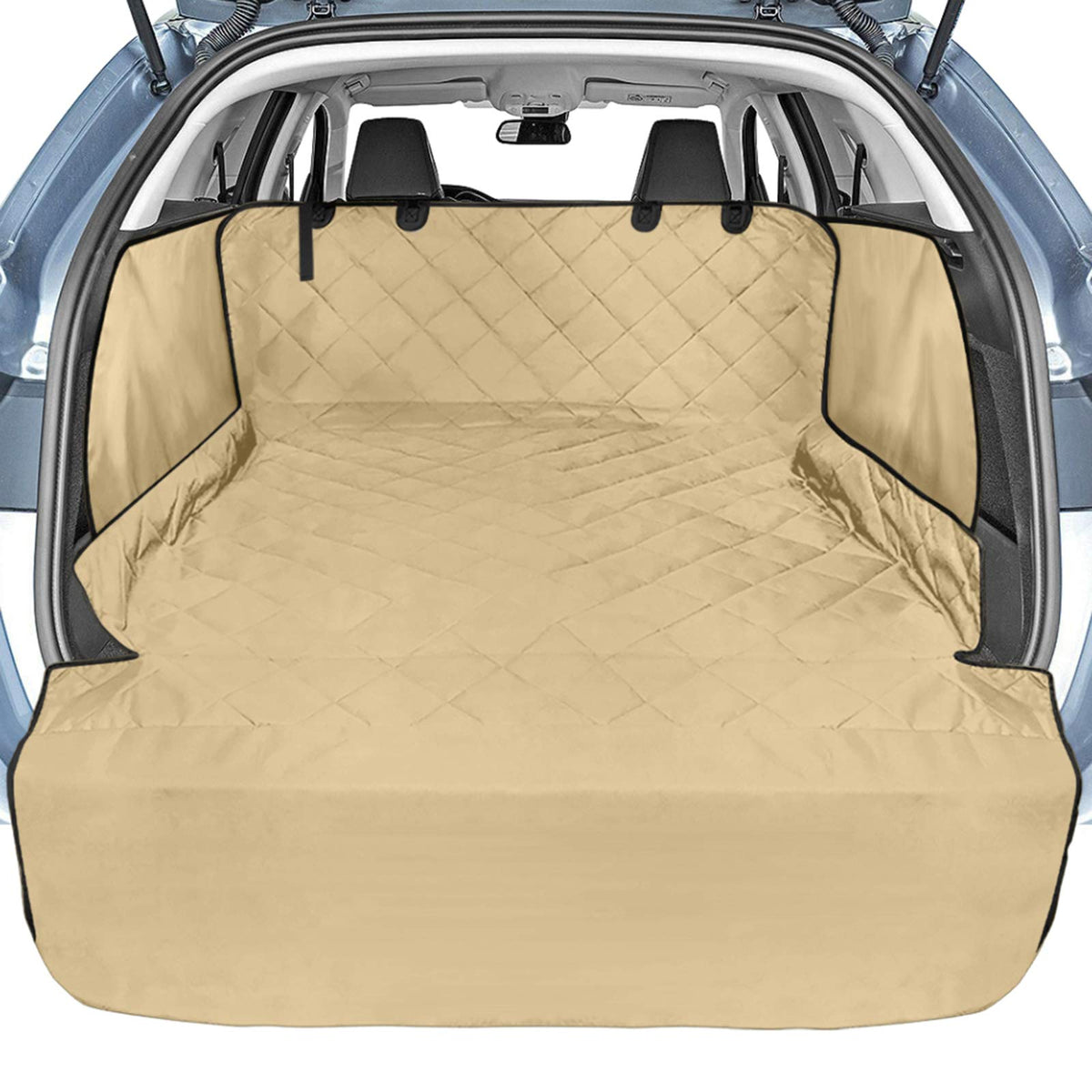 Veckle SUV cargo liner with side flaps protects wheel wells and fur.