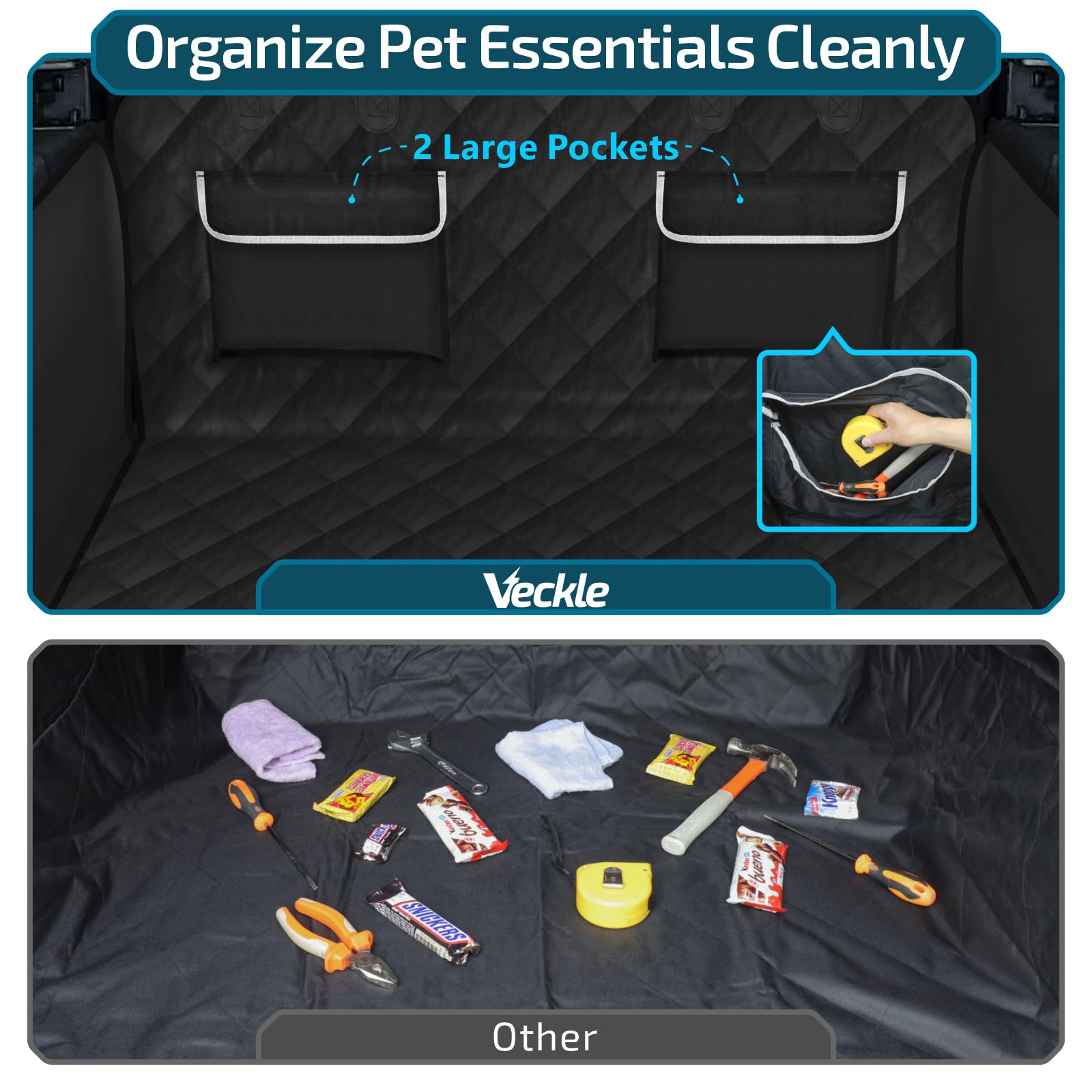 Veckle liner offers two large pockets for dog gear