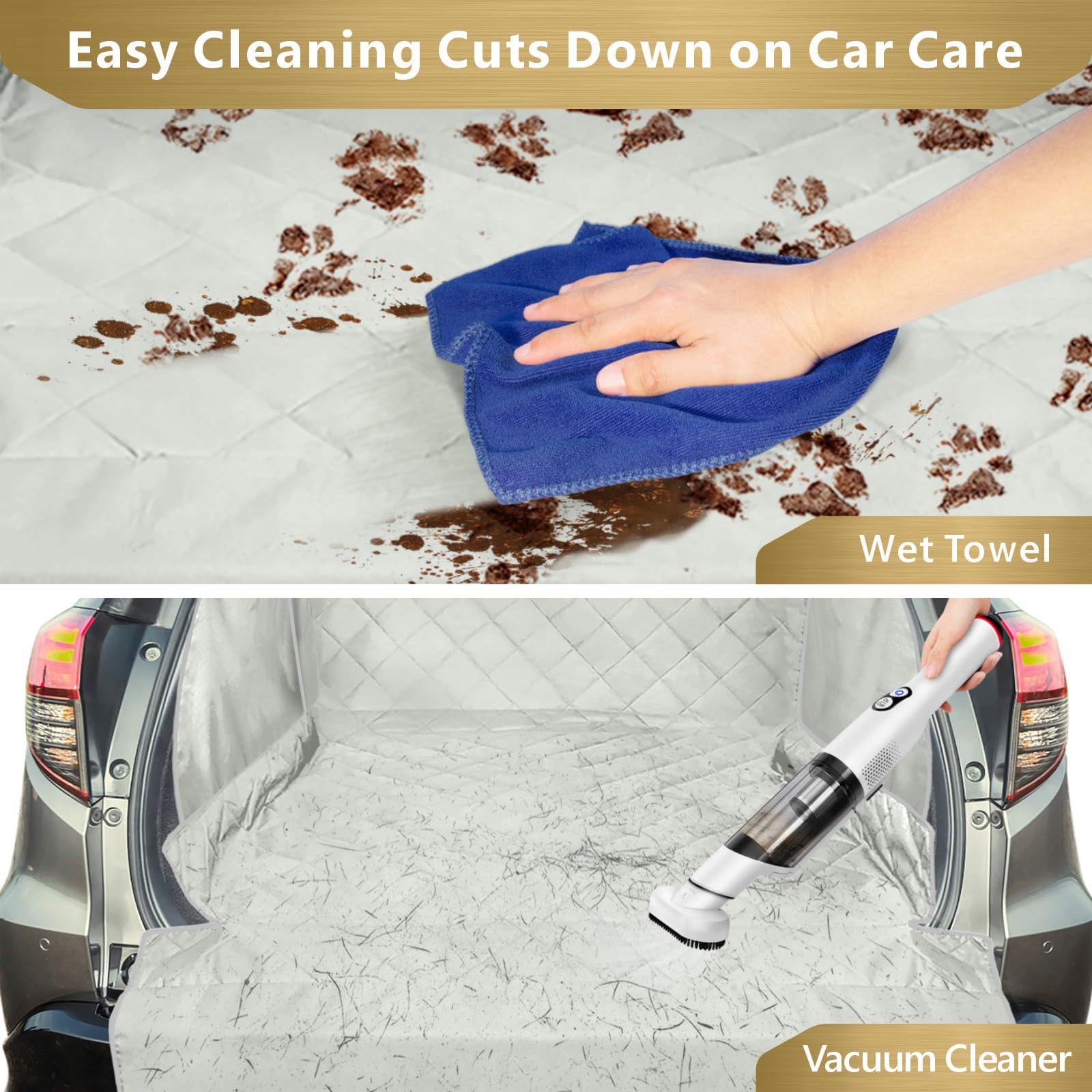 Veckle liner shows water-resistant fabric that repels mud and spills.