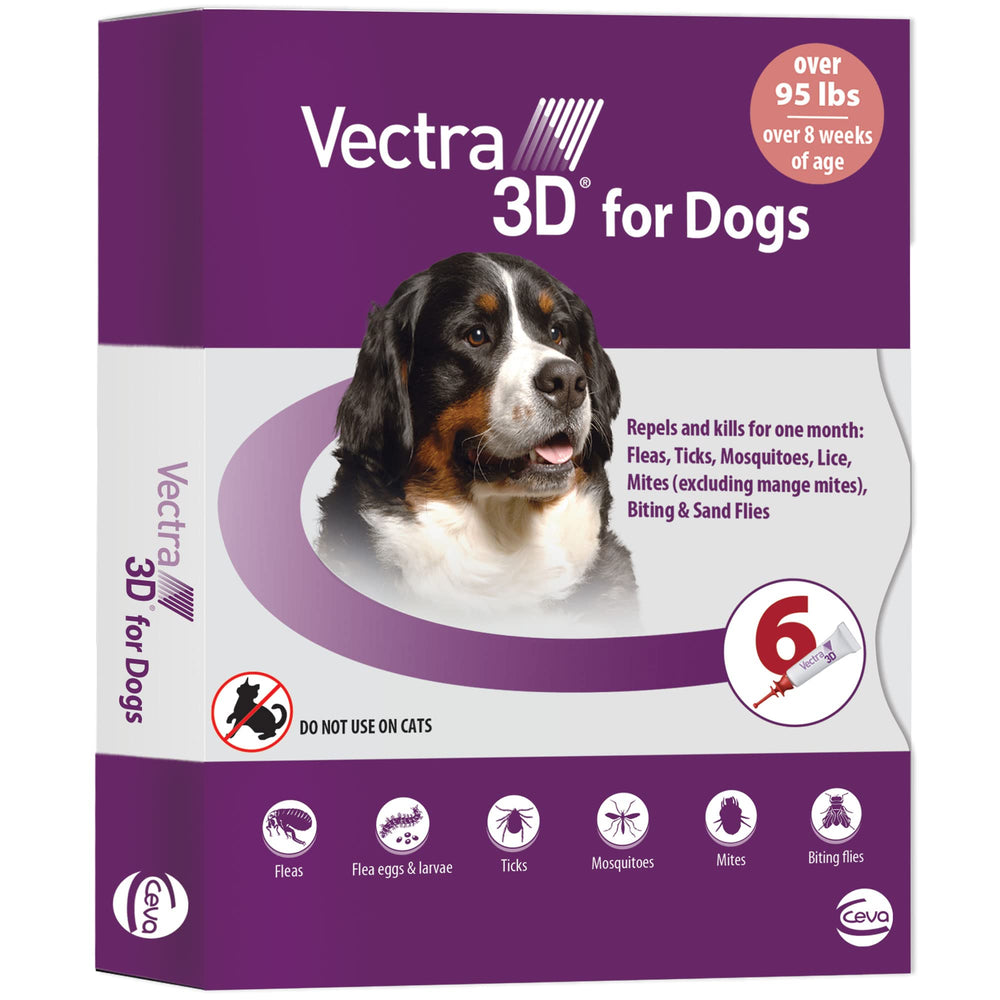 Vectra 3D extra-large dog bottle shown for monthly protection against fleas, ticks, and mosquitoes.