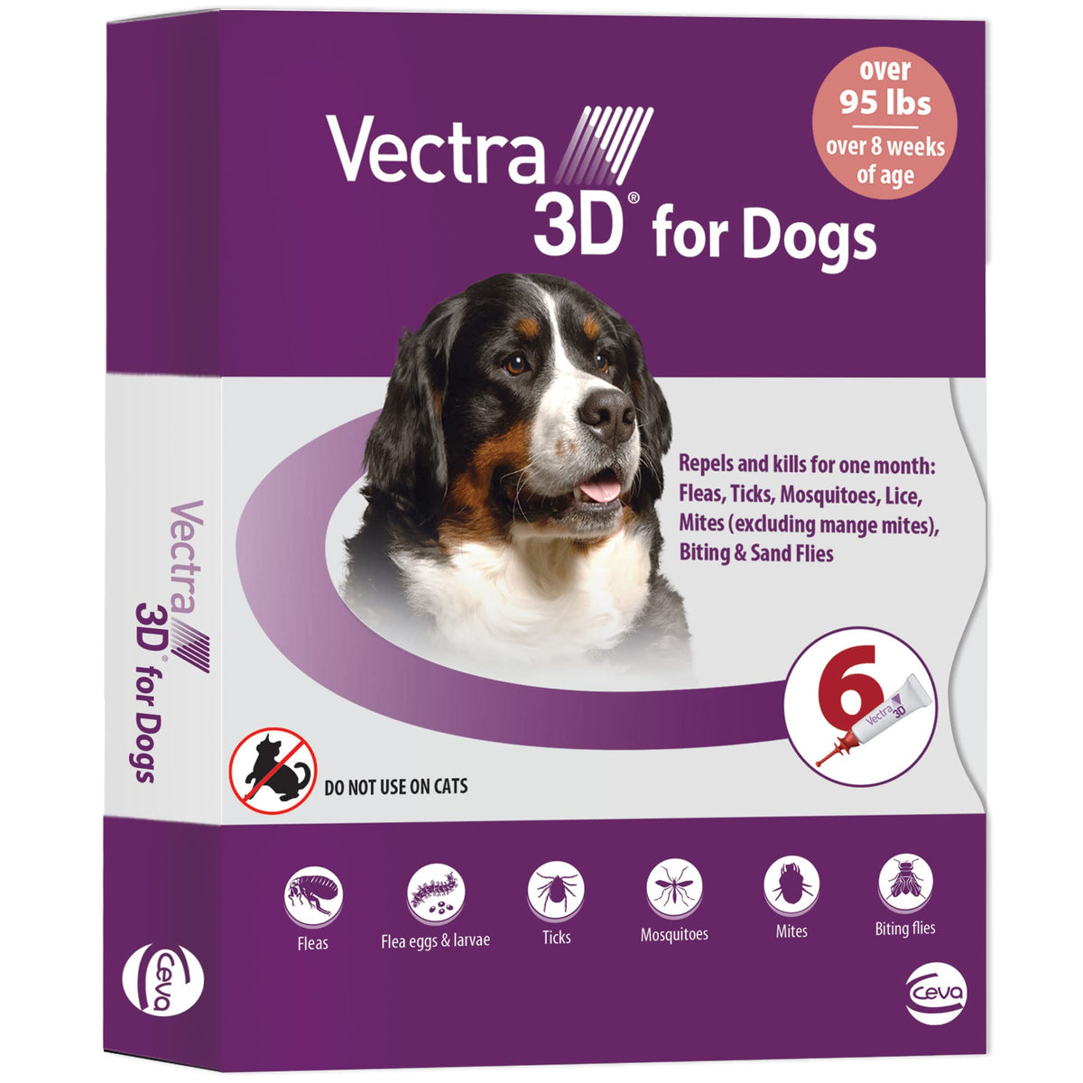 Vectra 3D extra-large dog bottle shown for monthly protection against fleas, ticks, and mosquitoes.
