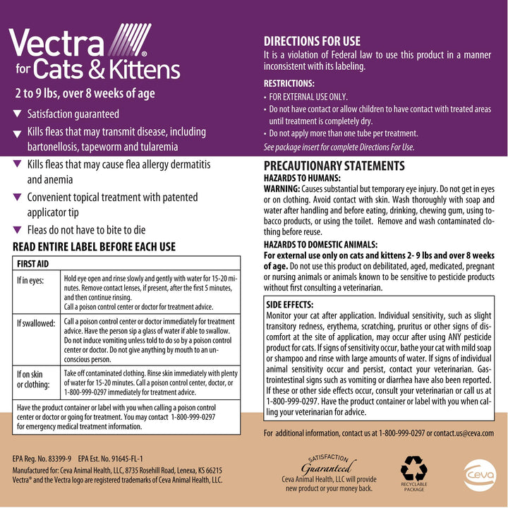 Vectra Small Cat topical application shown on skin for full-body coverage.