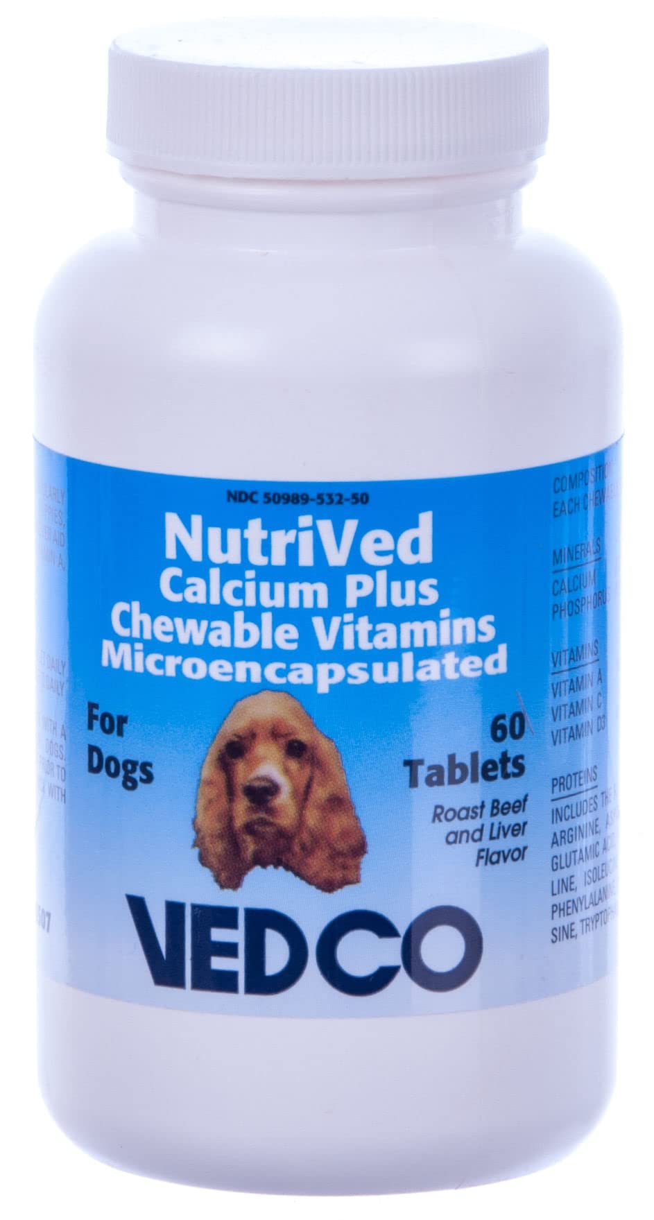 Vedco Nutrived Calcium Plus Tabs bottle shown, supporting calcium and vitamin balance for growing dogs and nursing bitches.
