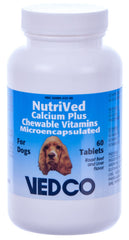 Vedco Nutrived Calcium Plus Tabs bottle shown, supporting calcium and vitamin balance for growing dogs and nursing bitches.