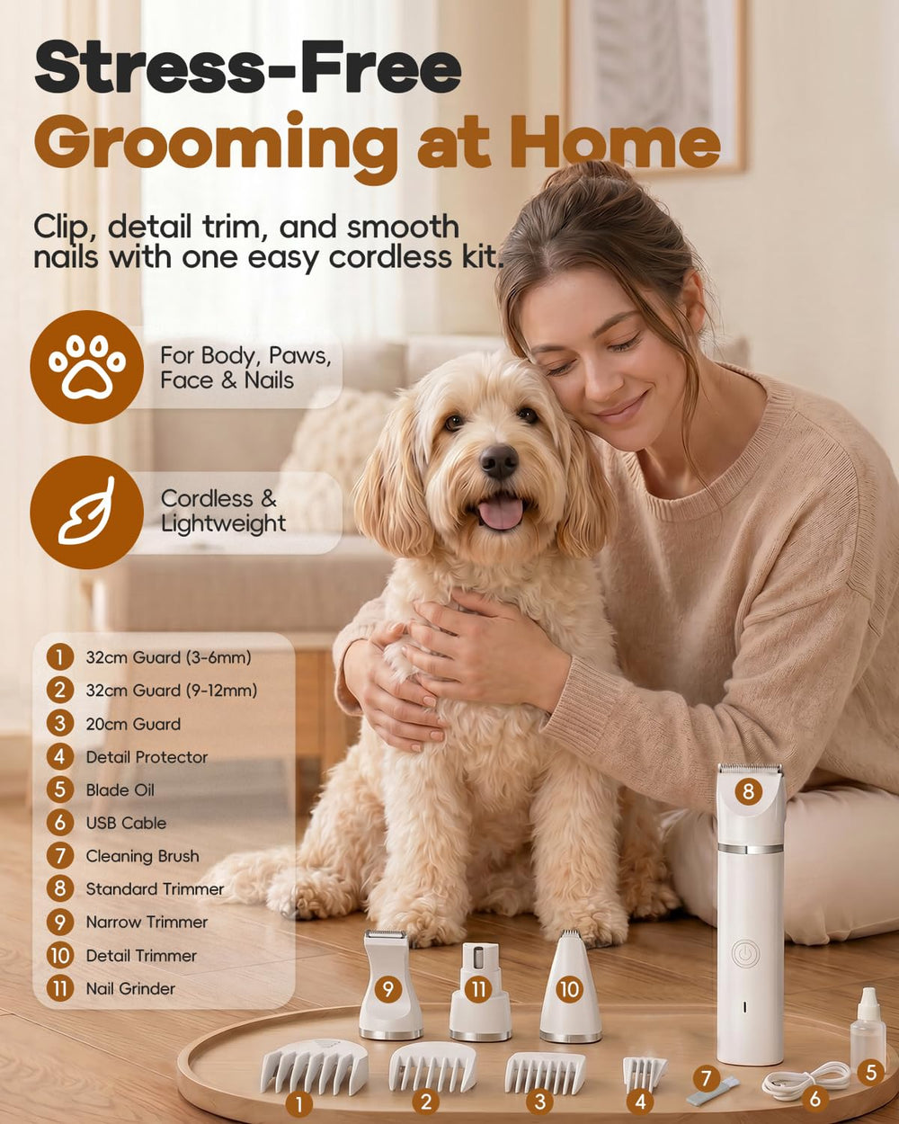 Veeconn dog clippers four guided combs help achieve consistent lengths.