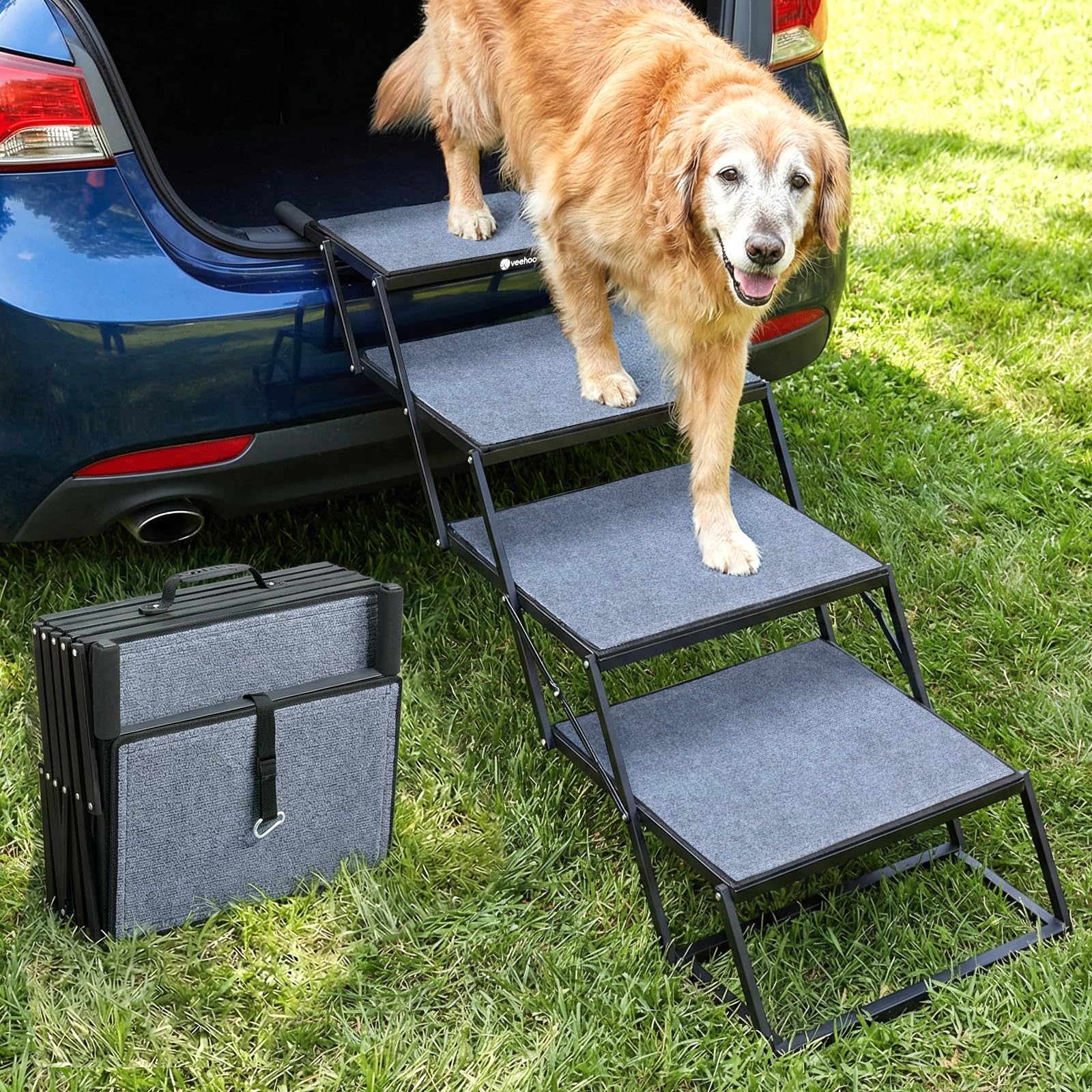 Veehoo collapsible dog stairs, extra-wide four steps, aiding easy car entry for large dogs.