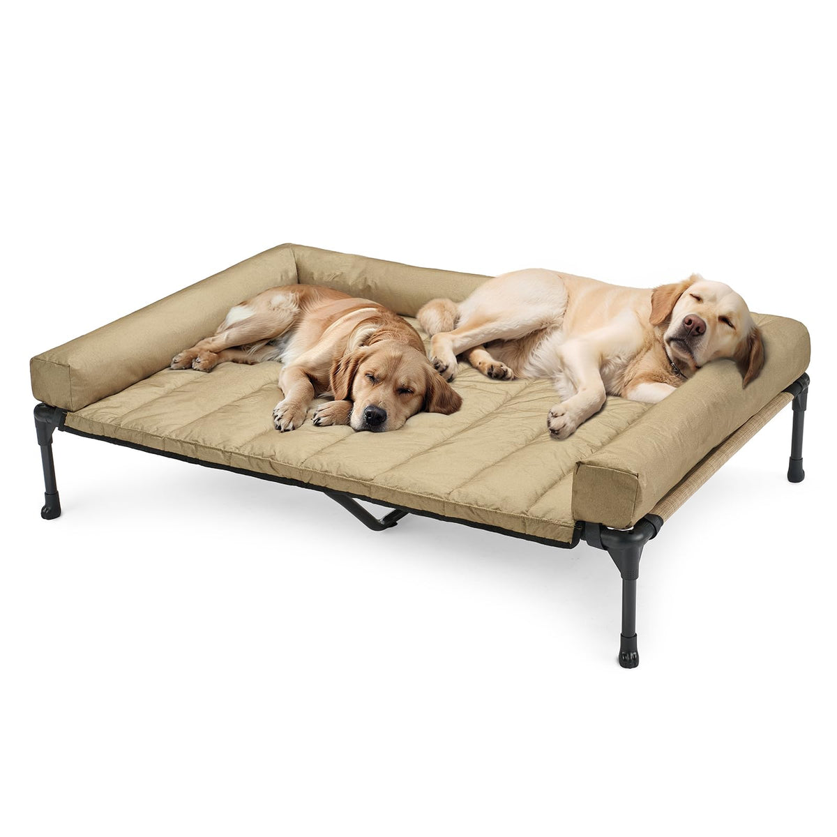 Veehoo cooling elevated dog bed in beige with breathable Teslin mesh for outdoor comfort.