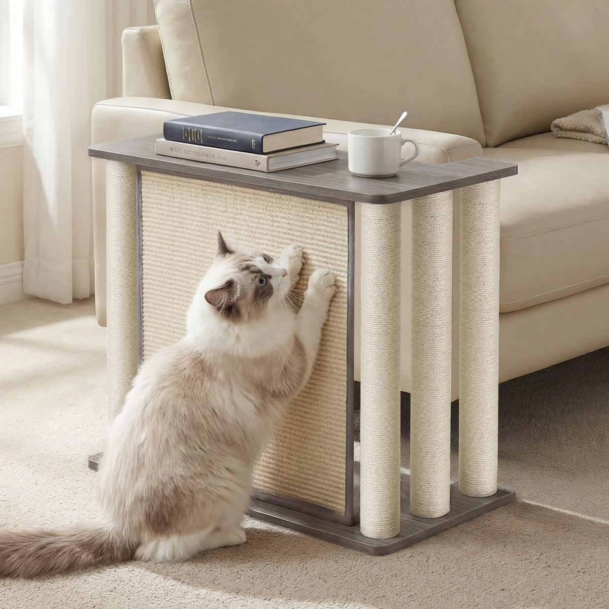 Veehoo couch protector with scratch pad keeps furniture safe from cat claws.