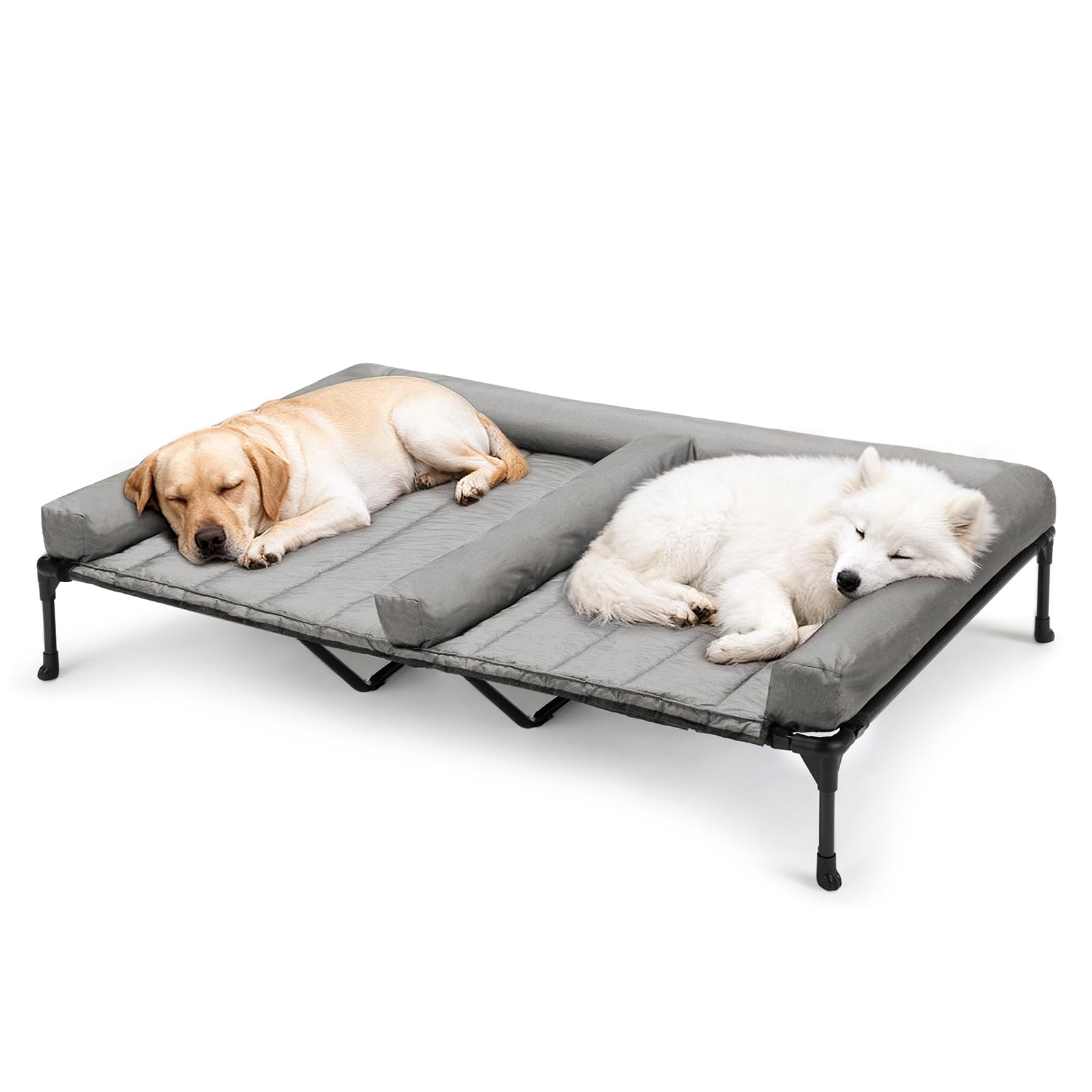 Veehoo elevated dog bed assembly shows easy setup for two dogs indoors or outdoors.