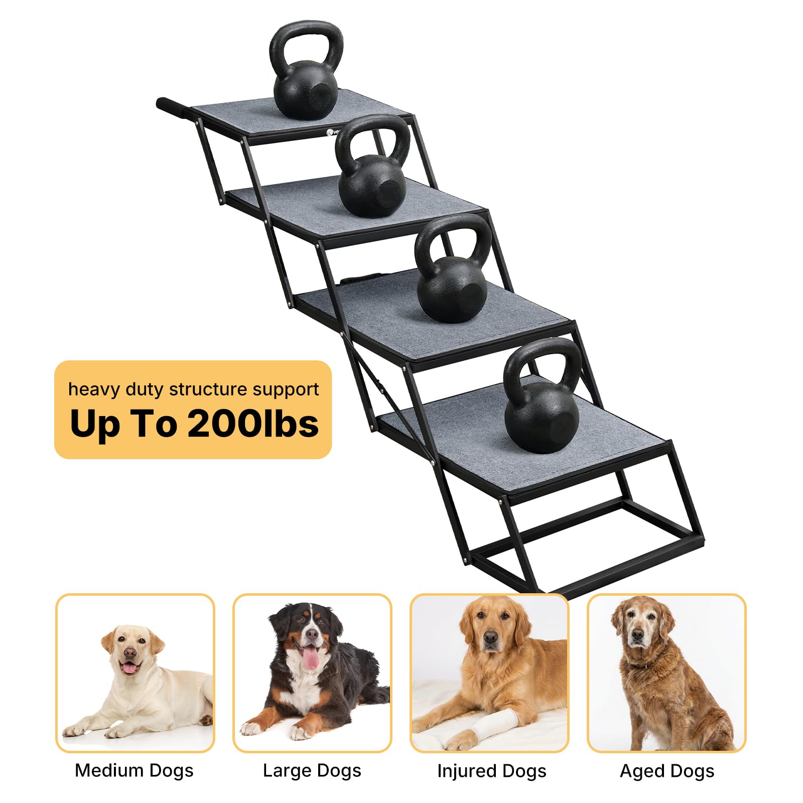 Veehoo heavy-duty steel structure supports up to 200 lbs, ideal for big breeds.