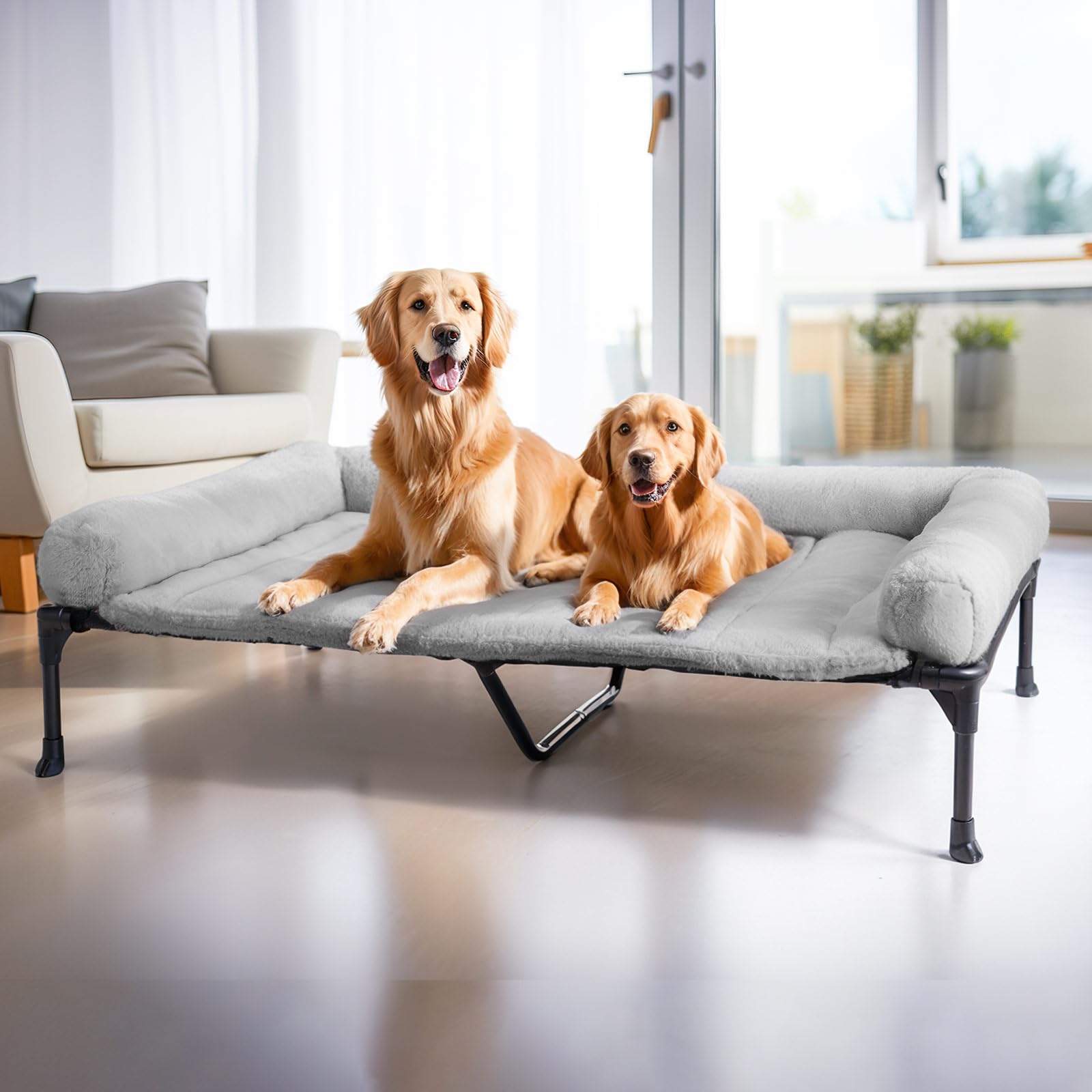 Veehoo orthopedic elevated dog bed in grey, showcasing spacious 59x37 size for large dogs, joint comfort.