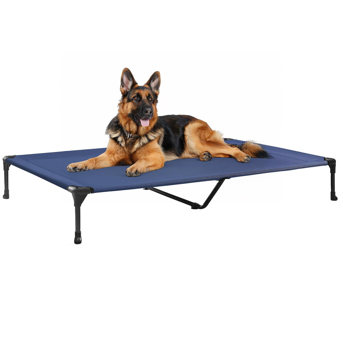 Veehoo outdoor elevated dog bed in blue, showcasing breathable fabric for cooling comfort.