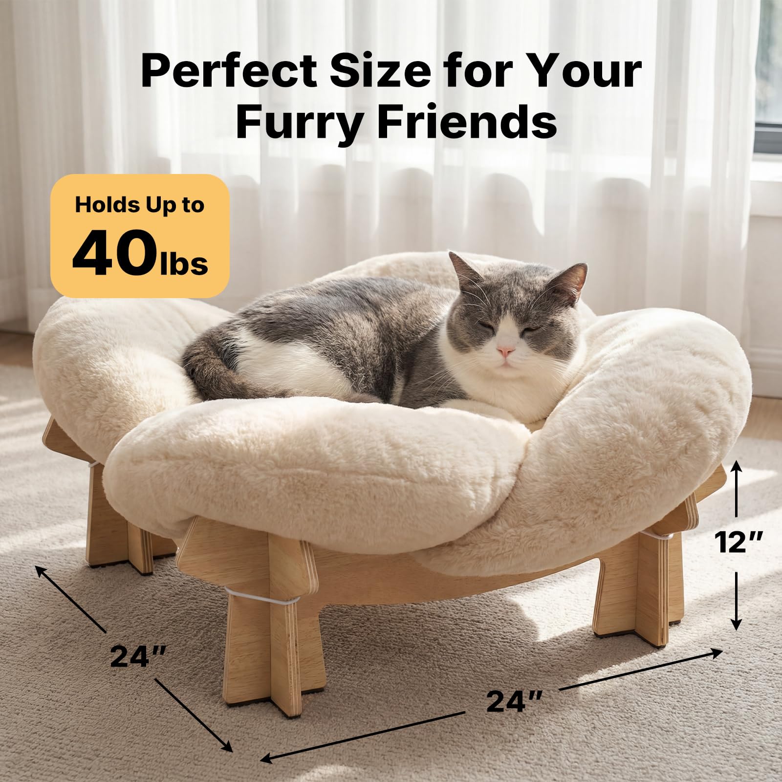 Veehoo petal-shaped elevated bed provides secure, supportive lounging for cats and small puppies.