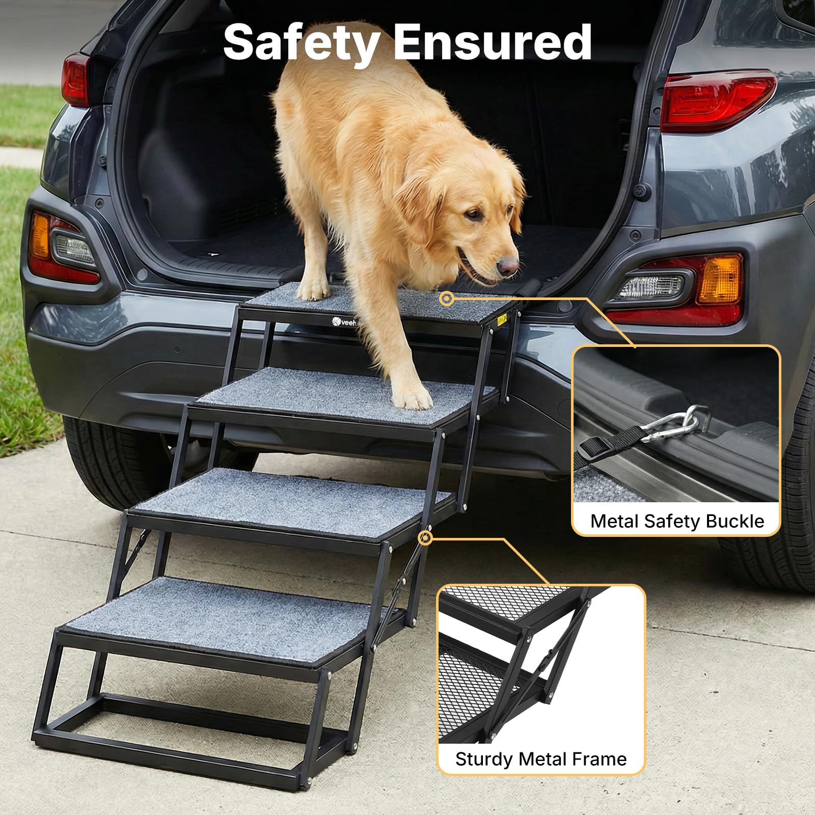 Veehoo stabilizing crossbar prevents wobble during pet loading.