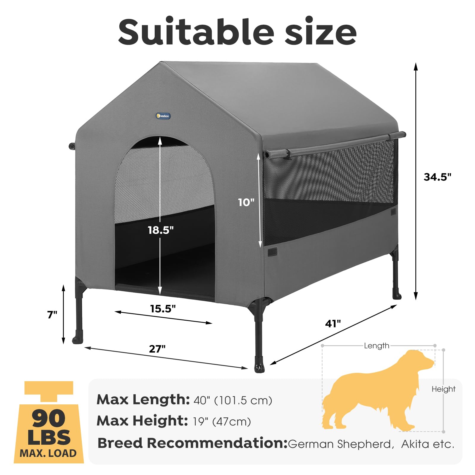 Veehoo 41-inch dog house roll-up-doors block wind and rain.