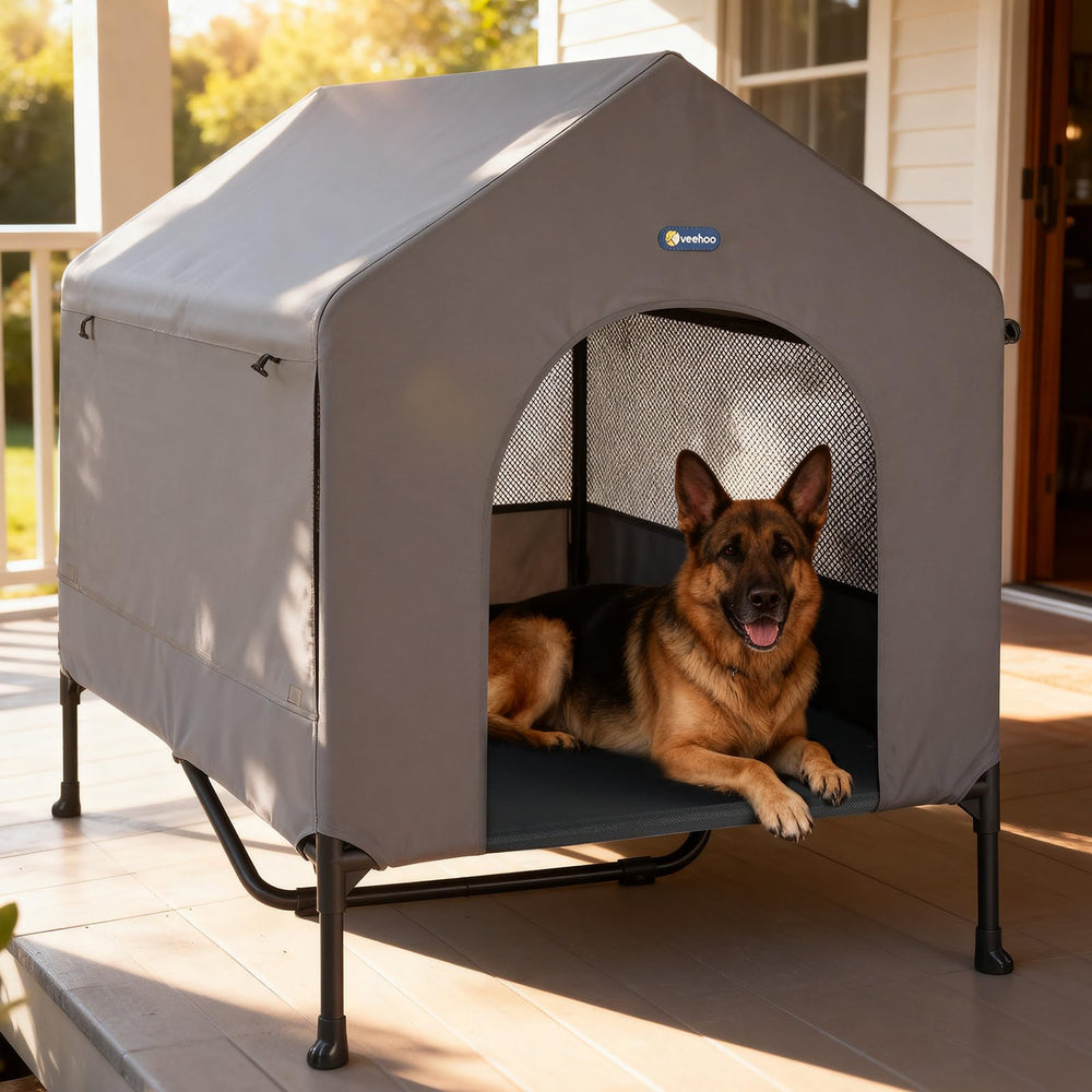 Veehoo 47-inch dog house exterior showing weatherproof shell for year-round use.