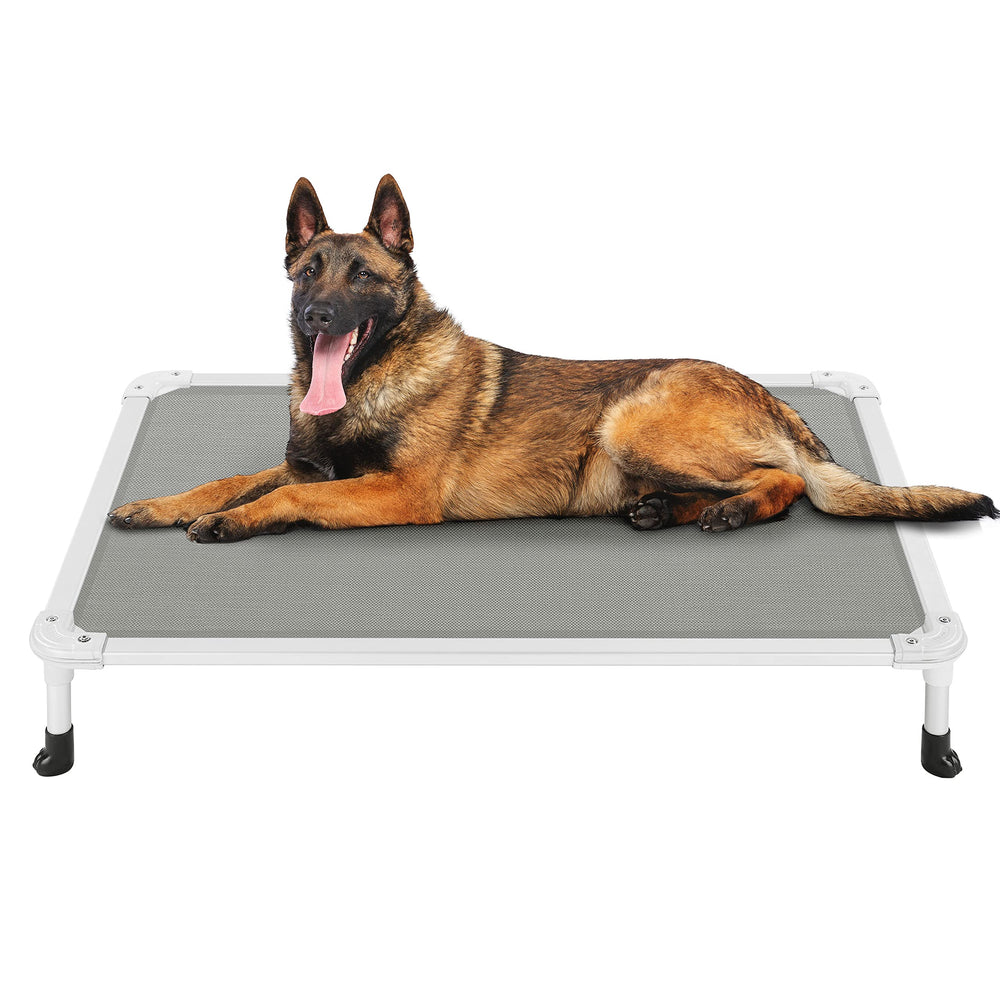 Veehoo chew-proof elevated dog bed cot with breathable Textilene mesh for indoor or outdoor use.