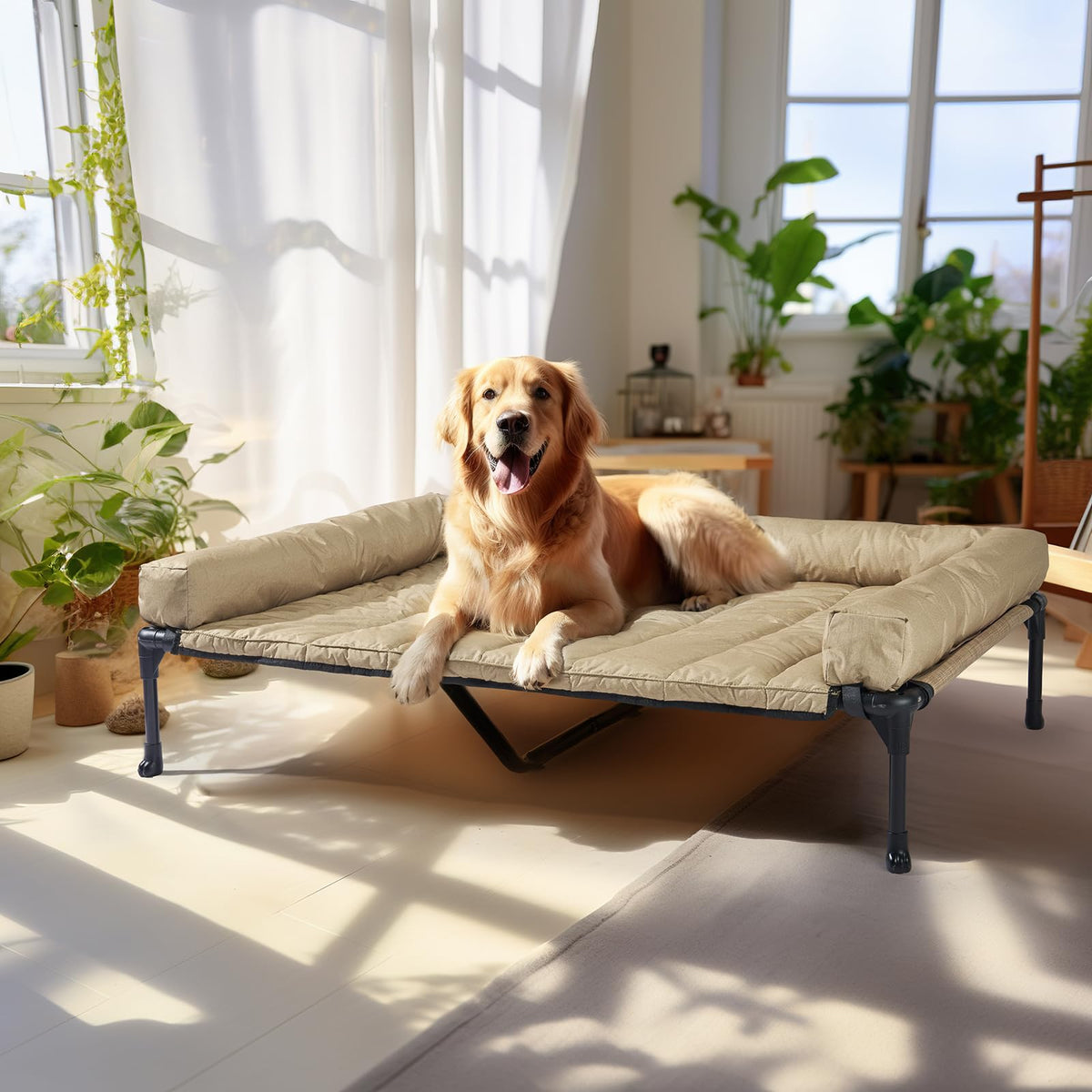 Veehoo cooling elevated dog bed frame provides elevated support for pets indoors or outdoors.