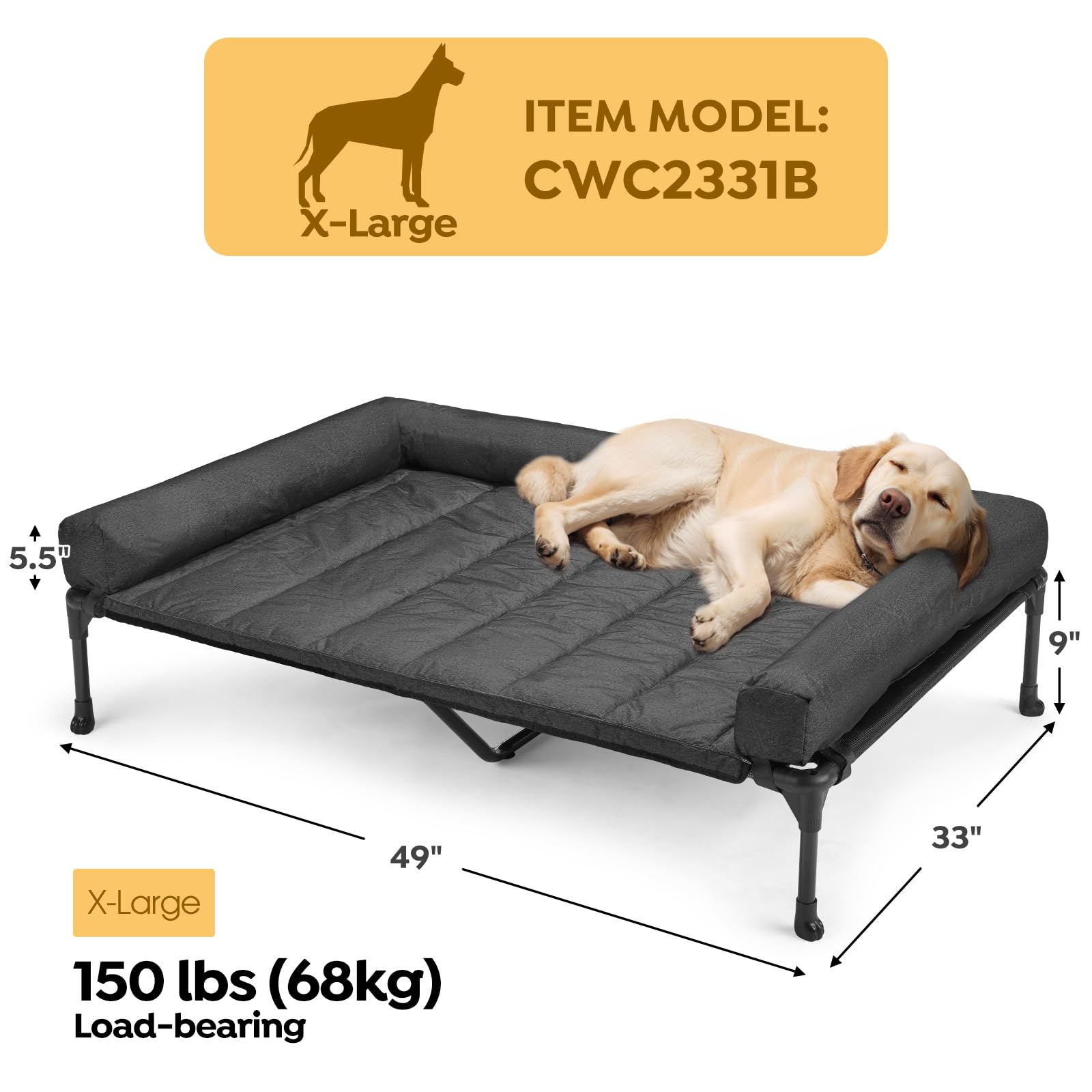 Veehoo dog bed side view showing three sided bolster for neck support