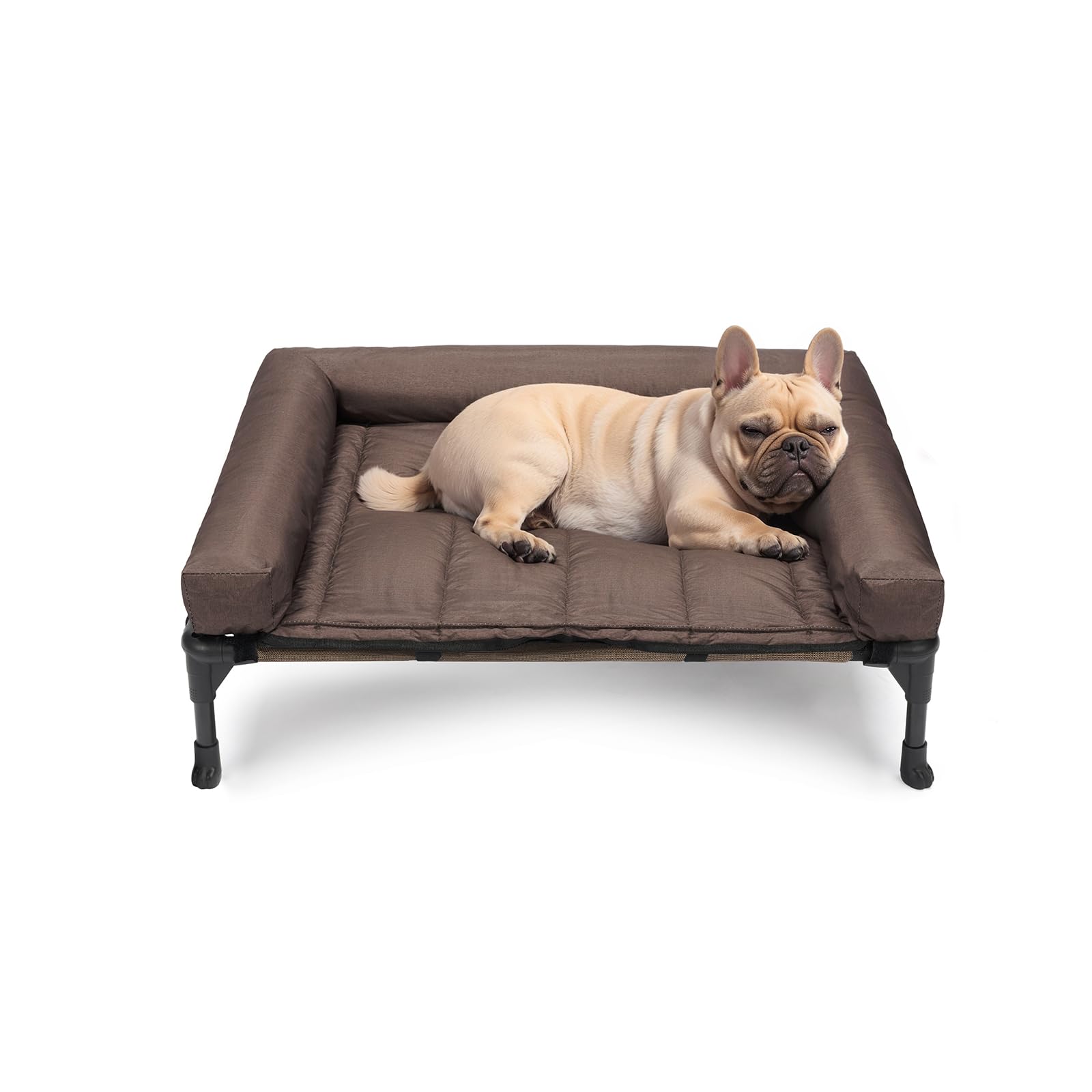 Veehoo cooling elevated dog bed, side view highlighting sturdy frame for indoor or outdoor comfort.