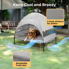 Veehoo Dog Bed Tent Three-Sided Shade protects from sun and drizzle.