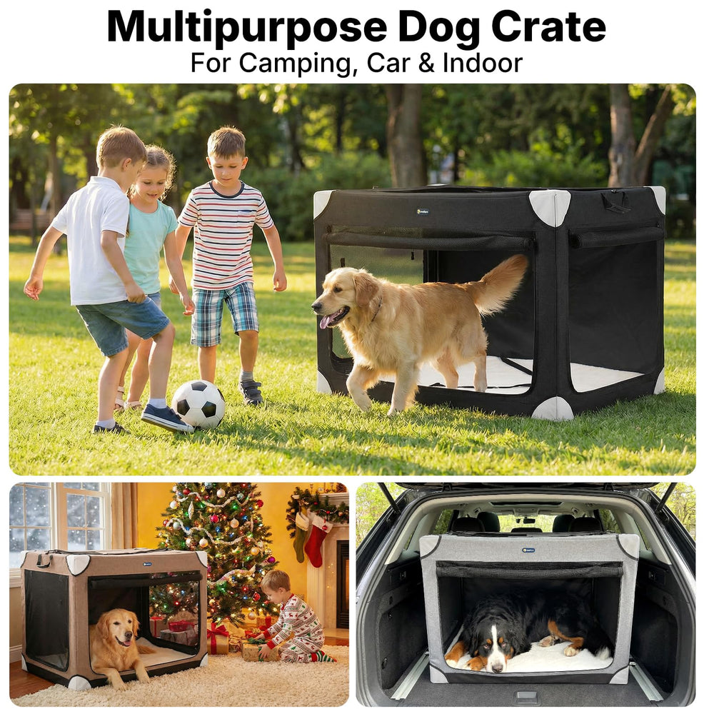 Veehoo crate includes lamb wool mat for a soft resting spot.