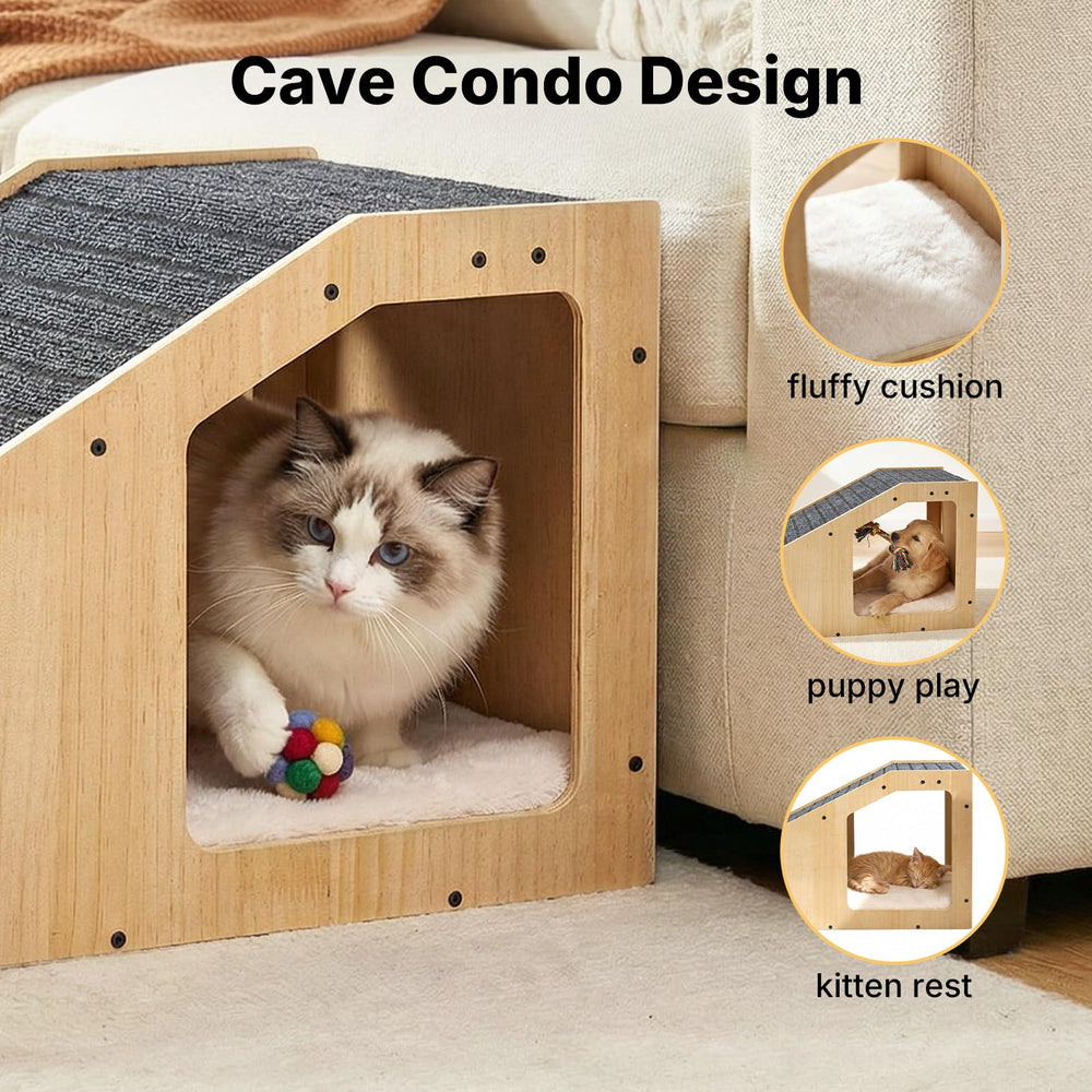 Veehoo dog ramp includes cave condo for a cozy hideaway.