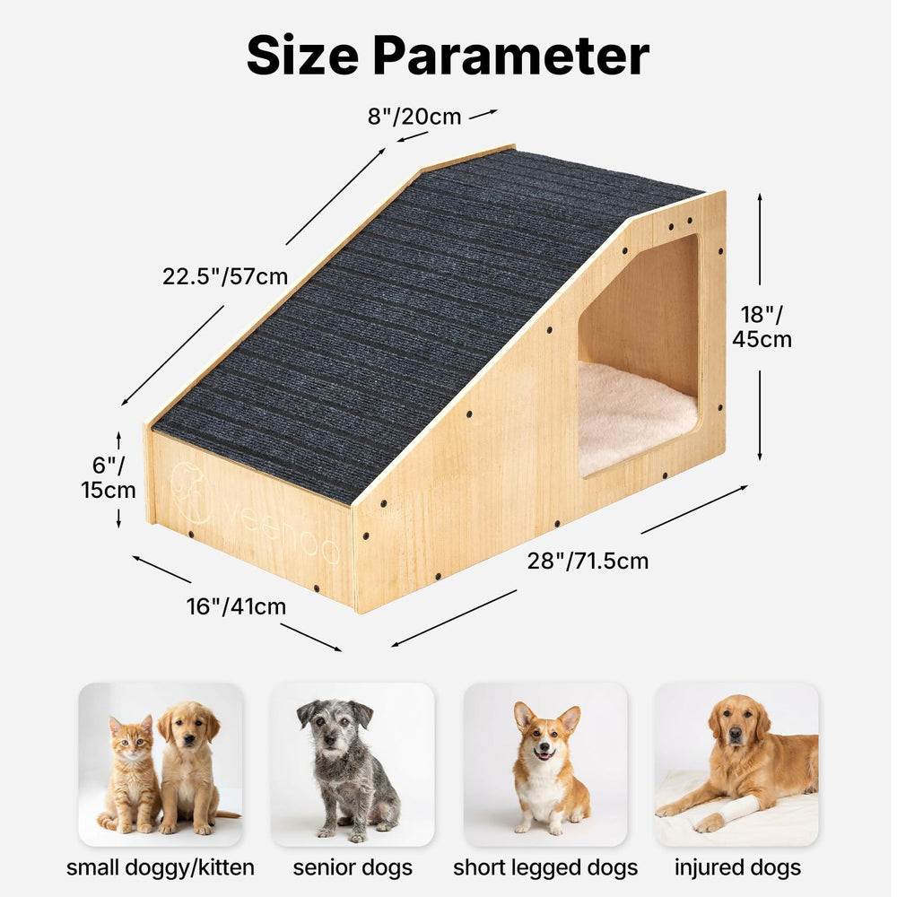 Veehoo pine wood finish on dog ramp, sturdy and stylish.