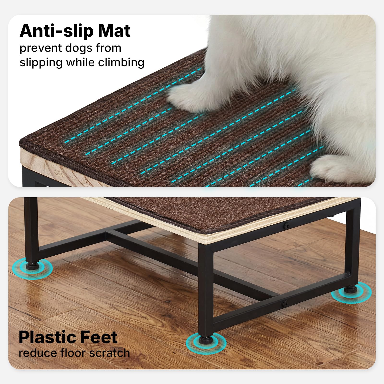 Close-up of Veehoo wooden boards on dog steps for paw-friendly surface.