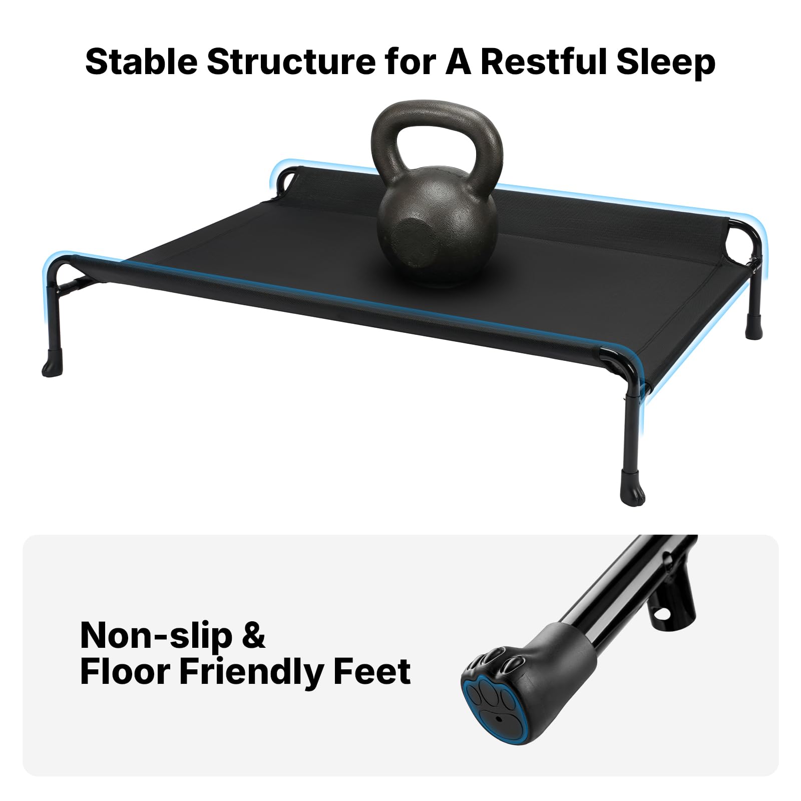Veehoo elevated bed with non-slip feet protects floors and prevents sliding.