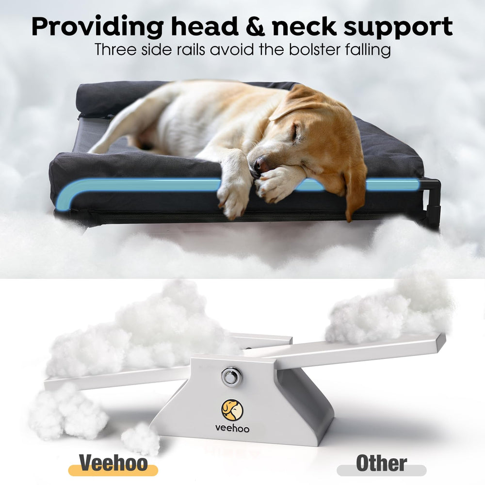 Veehoo raised dog bed side view highlighting sturdy frame and non-slip feet