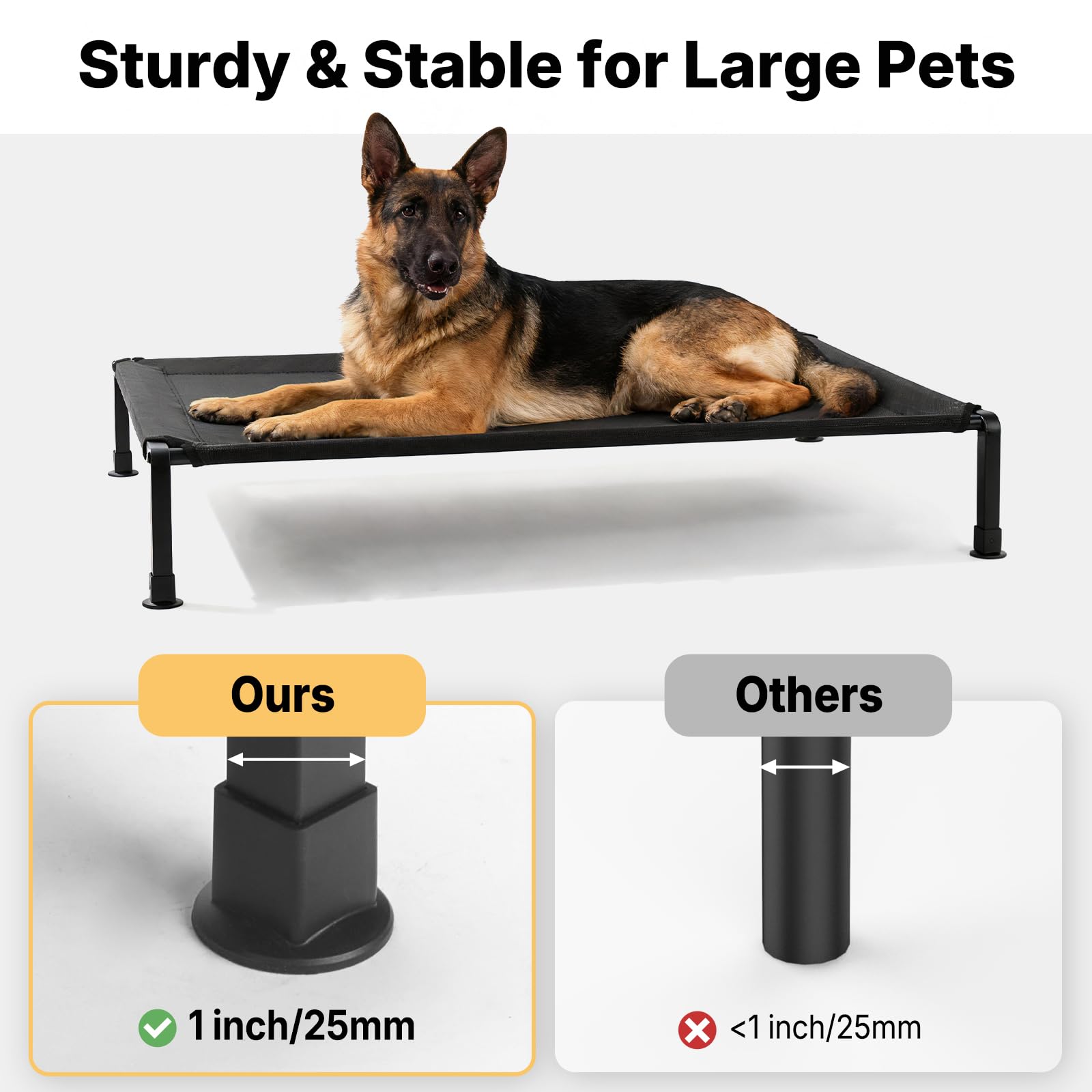Sturdy Veehoo bed with powder-coated steel frame and non-slip feet.