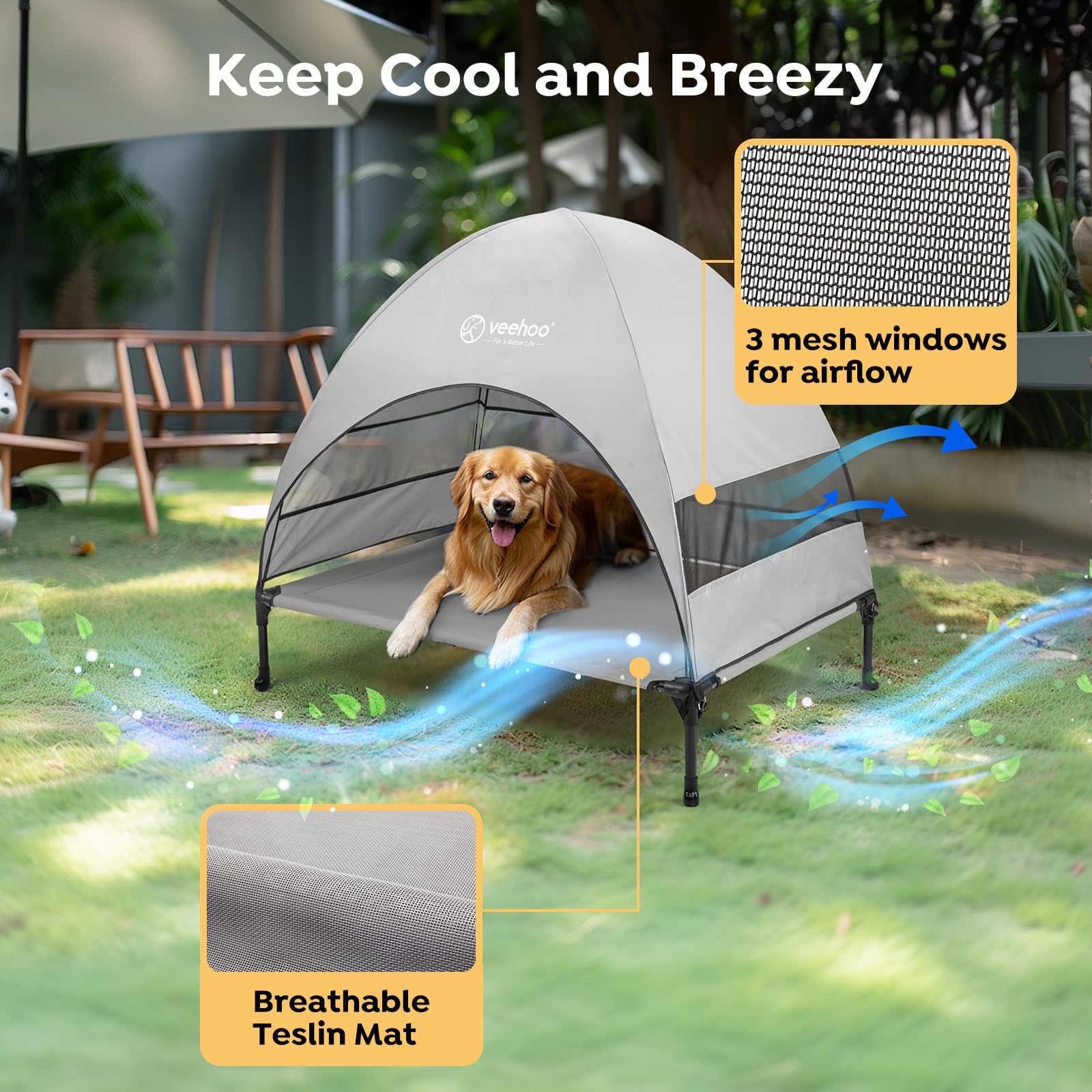 Veehoo elevated dog cot on campsite, off-ground cooling and dirt protection.