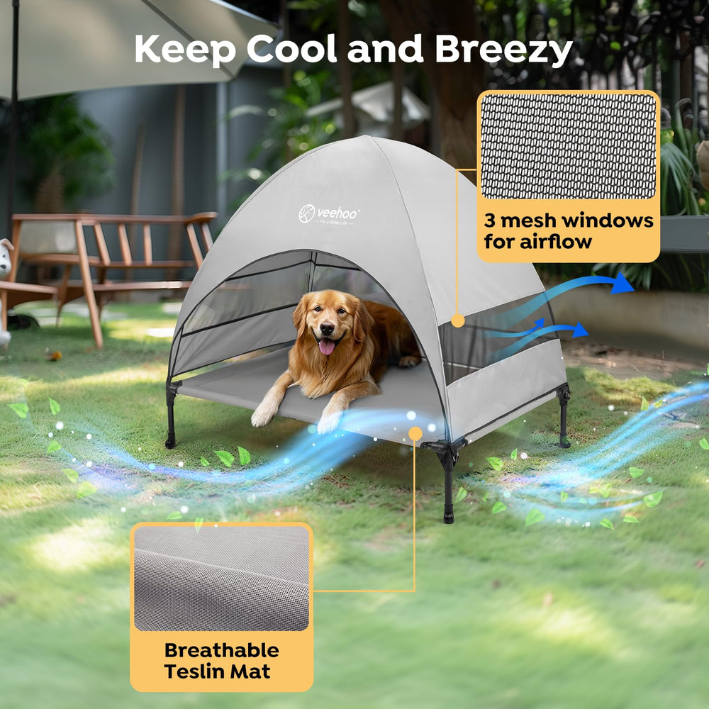 Veehoo elevated dog cot on campsite, off-ground cooling and dirt protection.