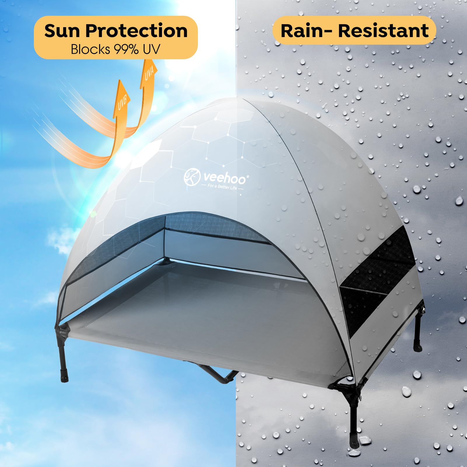 Veehoo Elevated Dog Cot with Shade keeps pets off the ground.