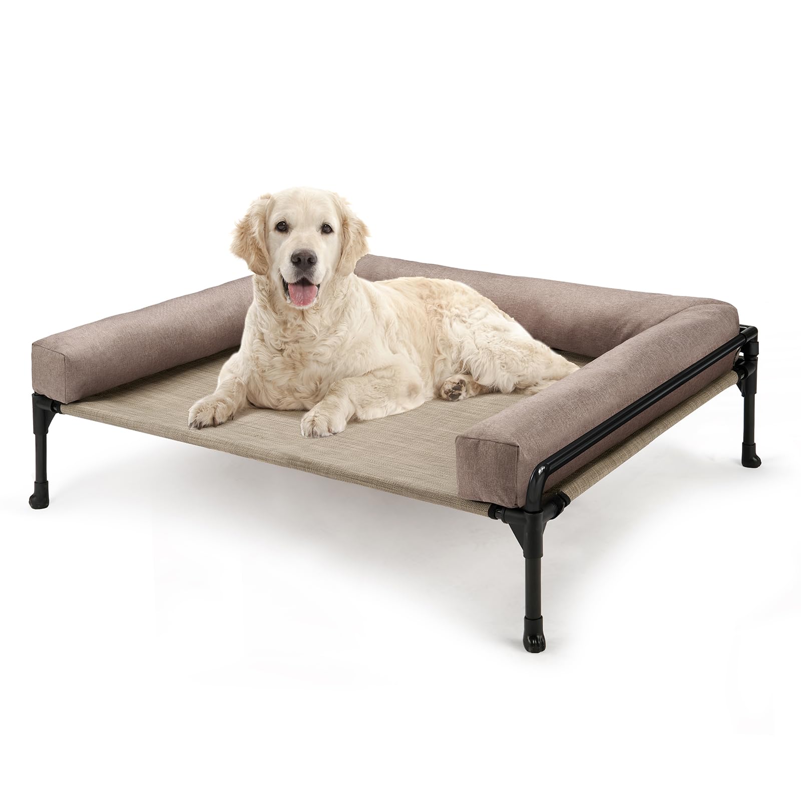 Veehoo elevated outdoor dog bed showing breathable cot design for cooling and comfort