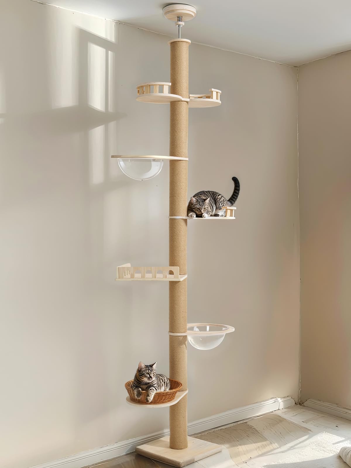 Veehoo floor-to-ceiling cat tree setup showing adjustable height for compact spaces
