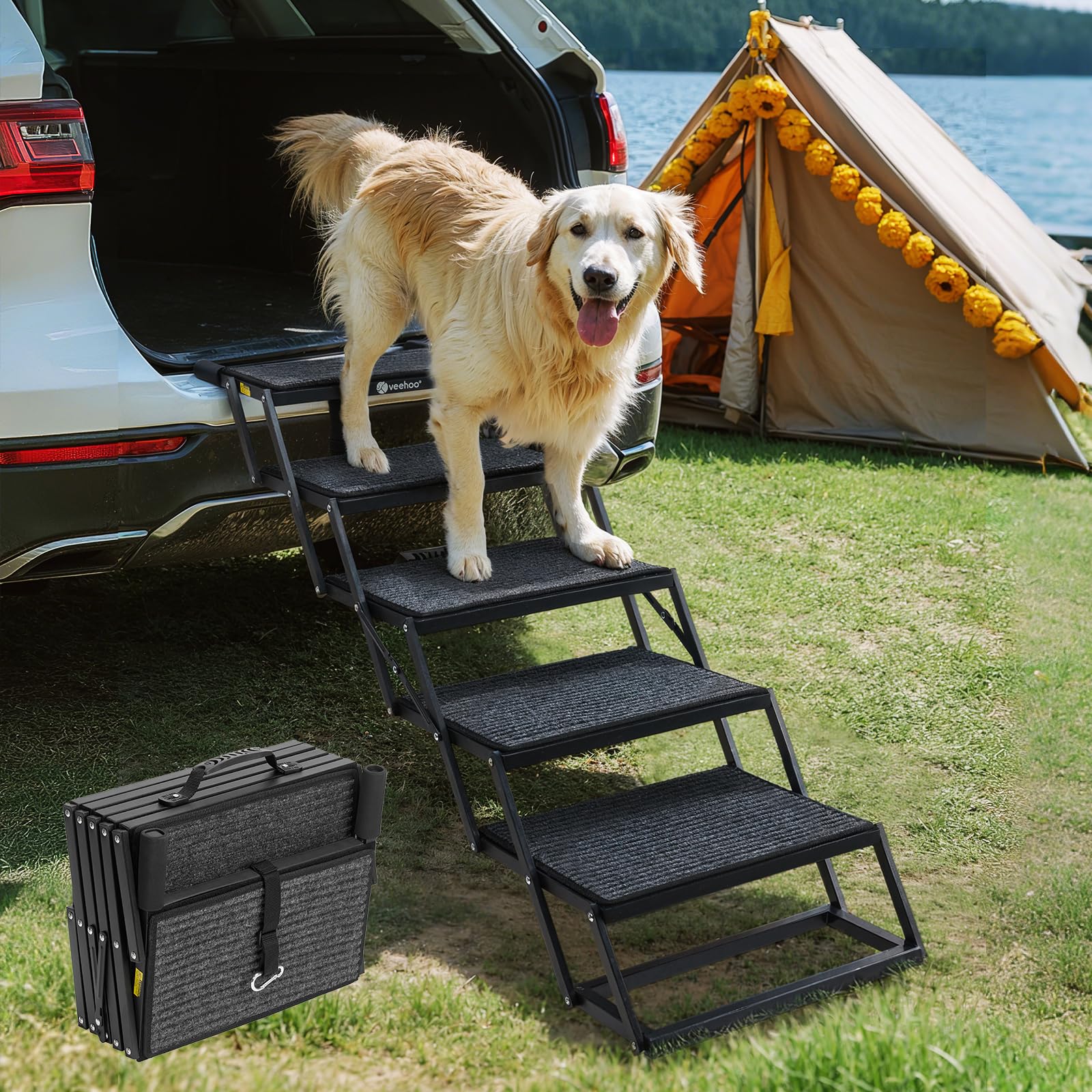 Veehoo foldable dog steps for car folded compactly for easy storage