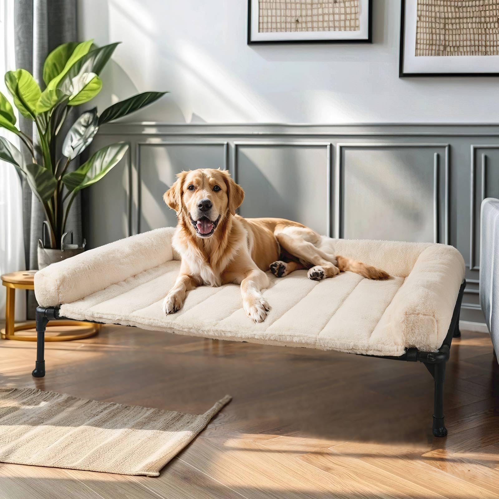 Veehoo orthopedic elevated dog bed in cream shows spacious sleeping space for large dogs.
