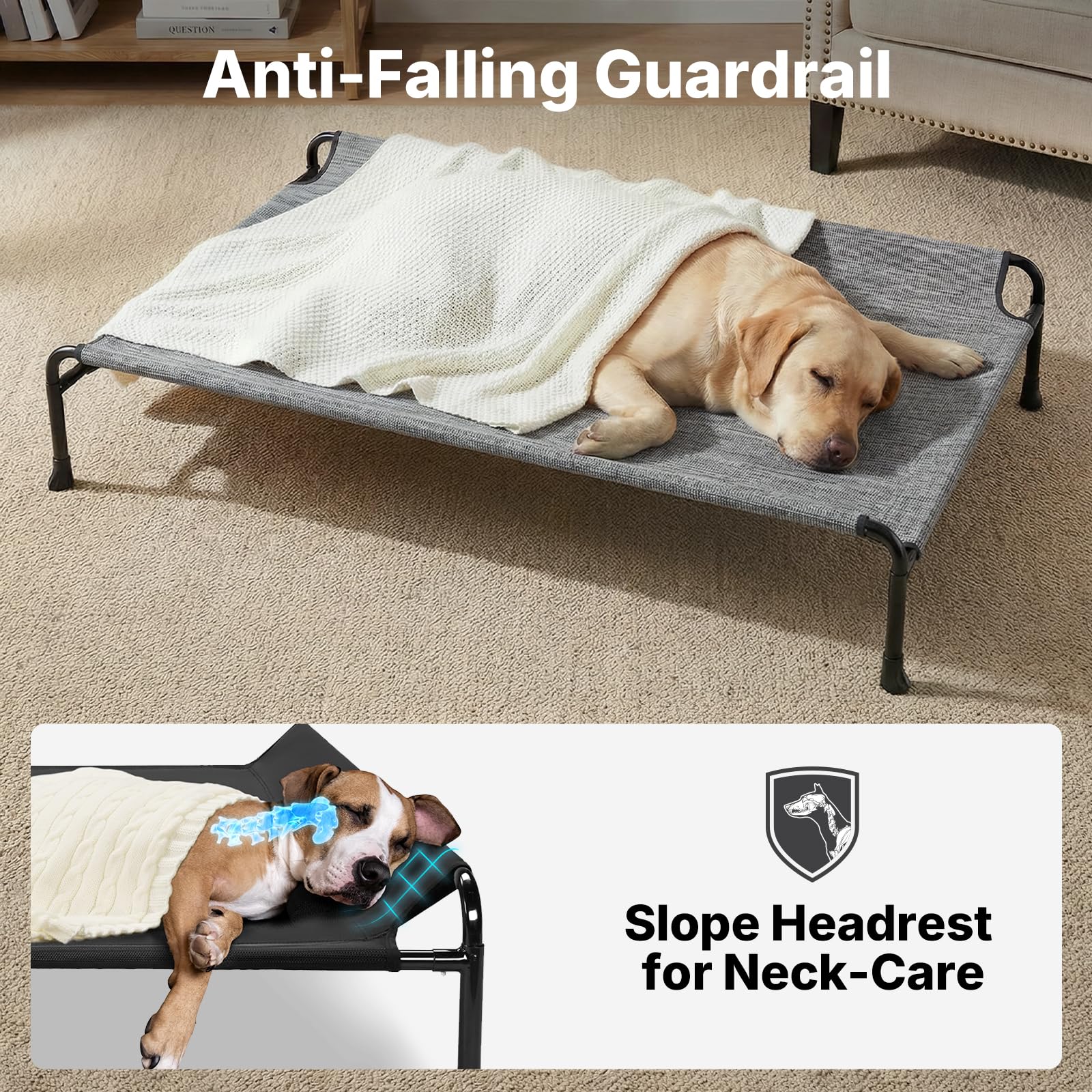 Veehoo raised dog bed with headrest supports neck comfort.