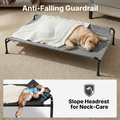 Veehoo raised dog bed with headrest supports neck comfort.