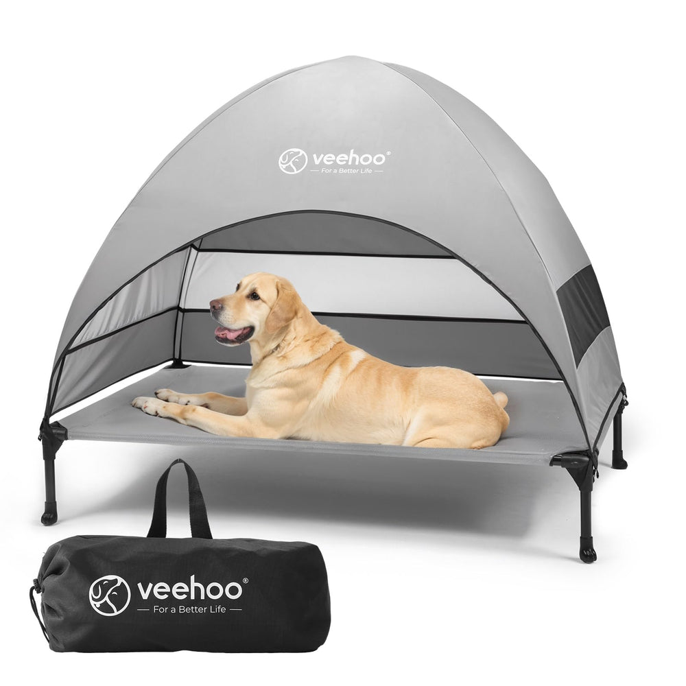 Veehoo outdoor dog bed with canopy, front view, spacious cooling shelter for large dogs.