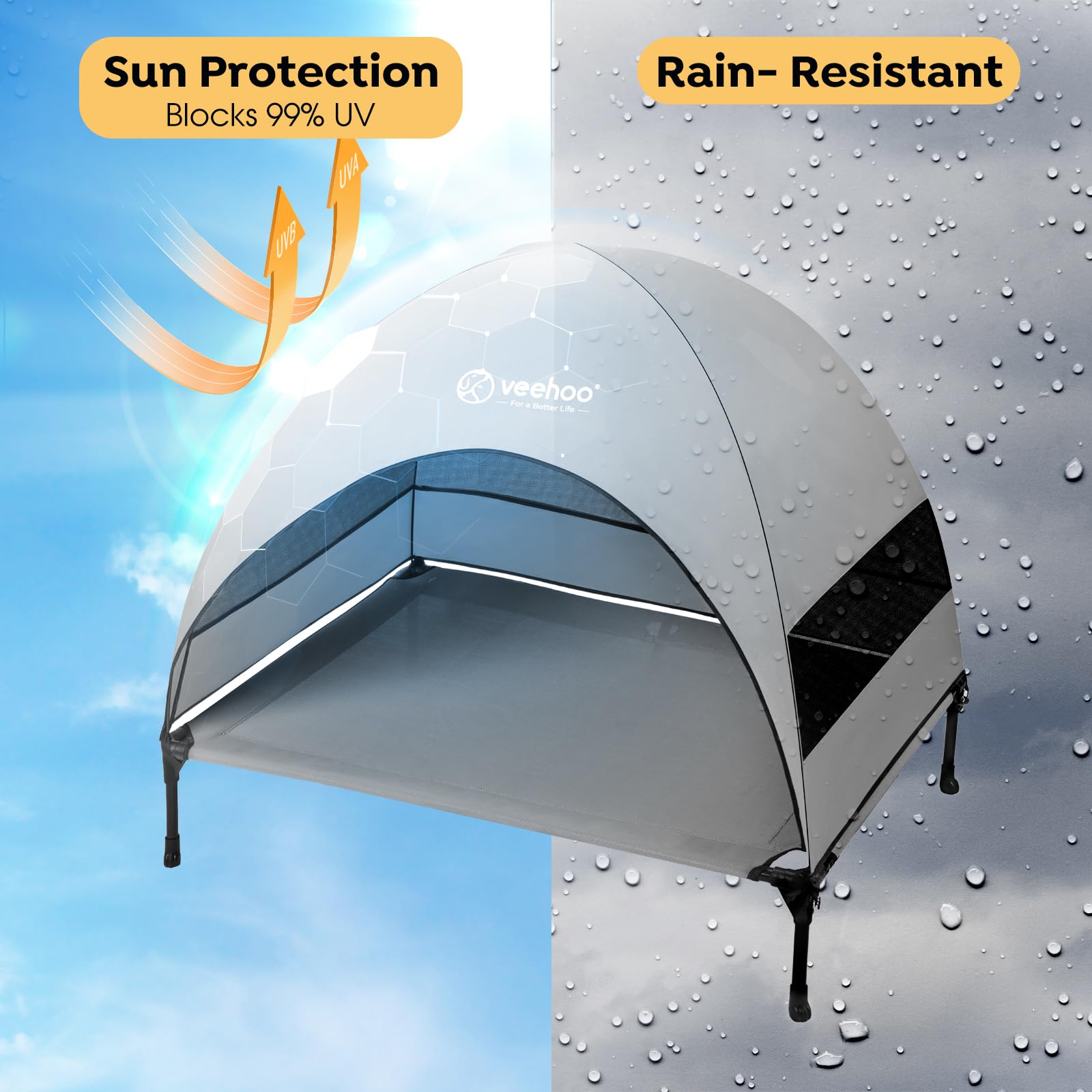 Veehoo outdoor dog bed with canopy, side view, shaded comfort and airflow.