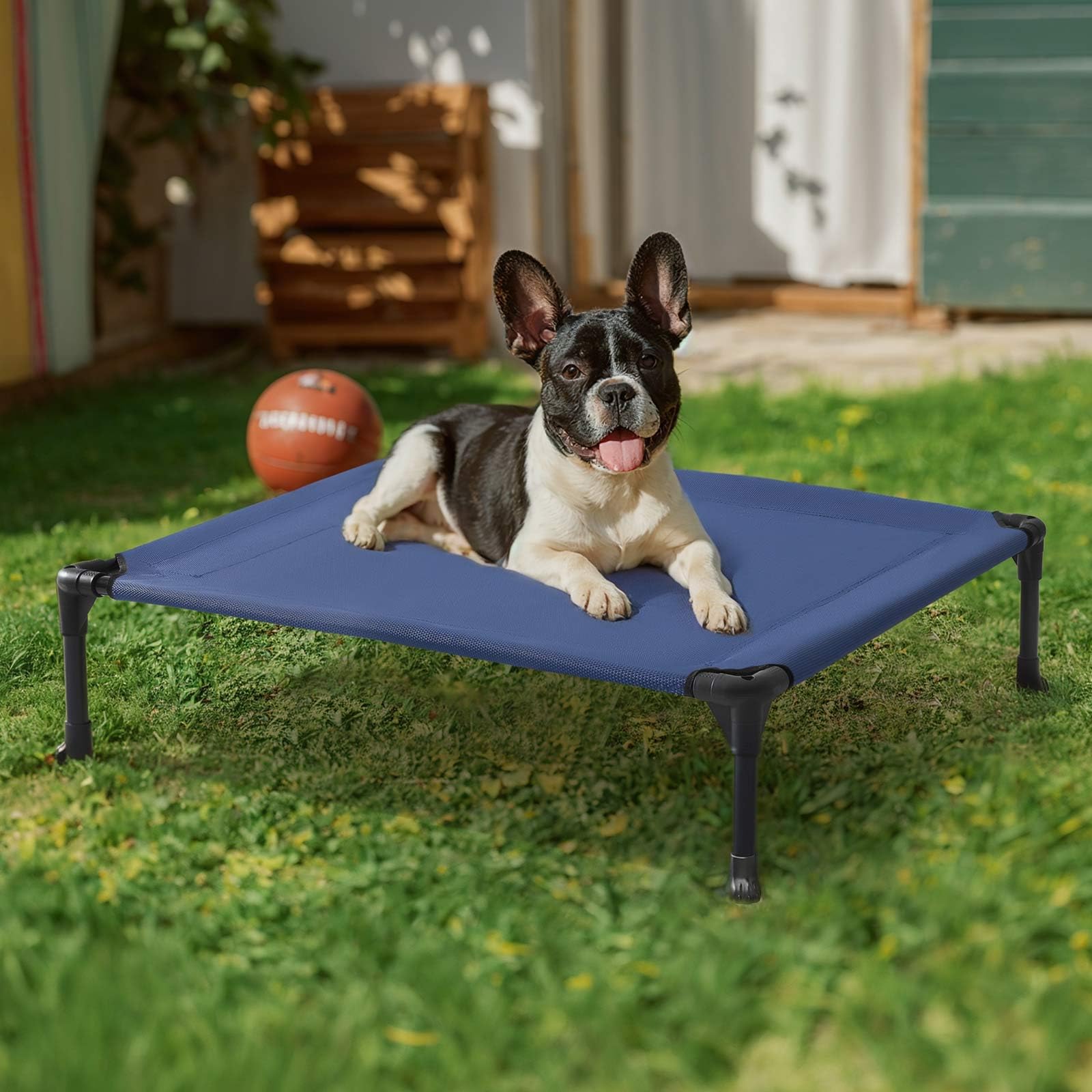 Veehoo outdoor elevated dog bed side view displaying stable frame and non-slip feet