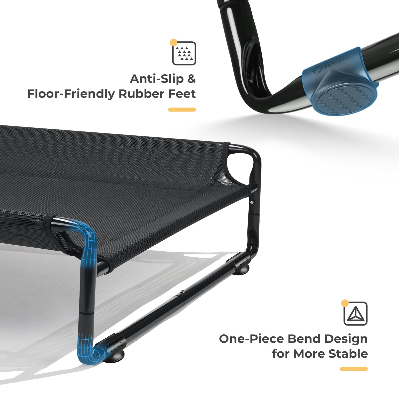 Veehoo Outdoor Elevated Dog Bed frame features anti-slip feet to stay stable.