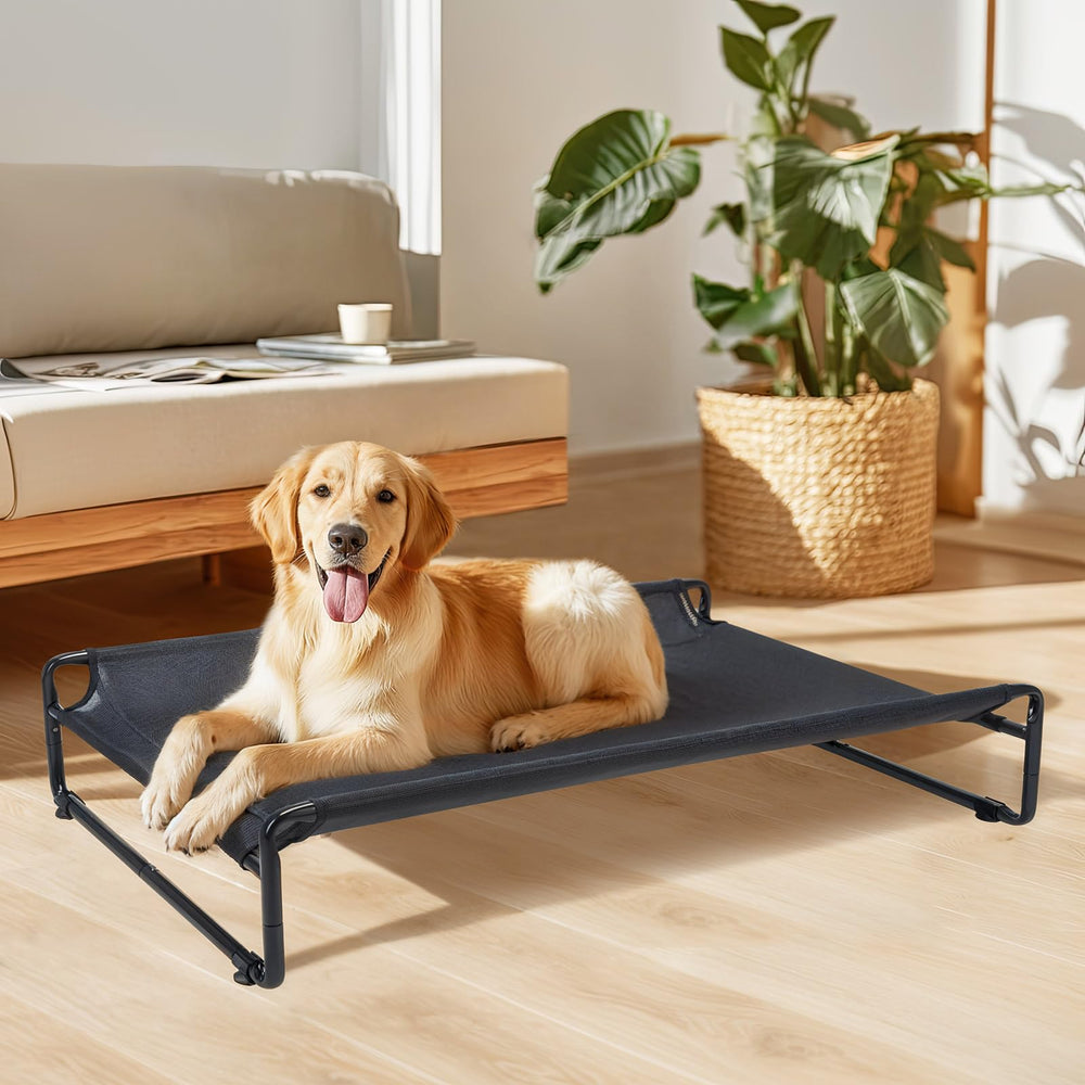 Veehoo Outdoor Elevated Dog Bed measures 43-in by 30-in for large dogs.